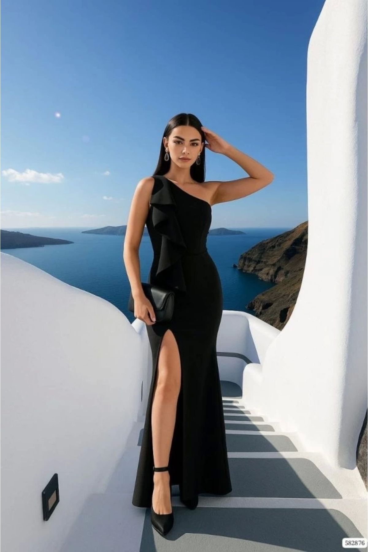 Butik Kadın Dalgıç Kumaş Tek Omuz Askılı Yırtmaç Detaylı Maxi Boy Elbise