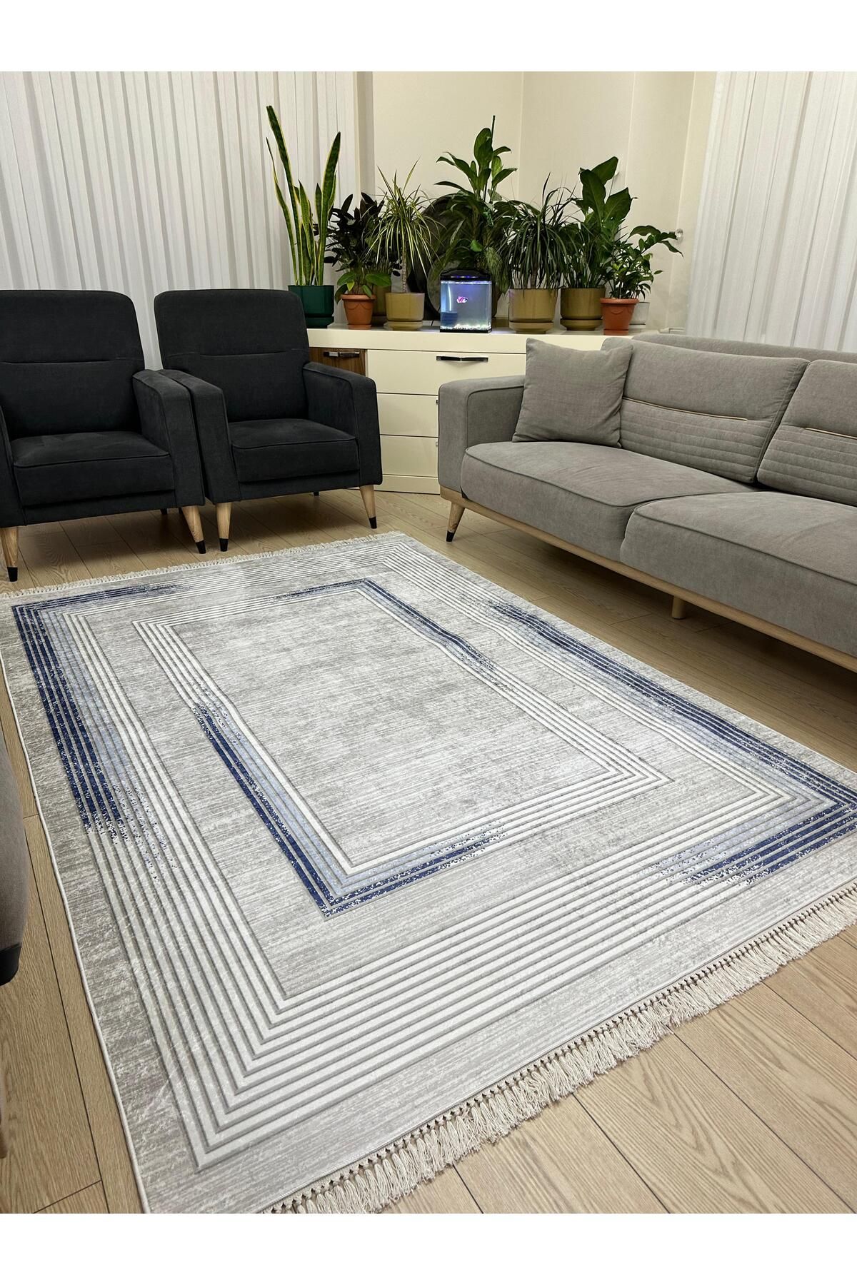 NEU HAUS Makinede Yıkanabilir Mavi Halı Kaymaz Taban Salon ve Oturma odası Halısı Dijital Baskı İnce Halı