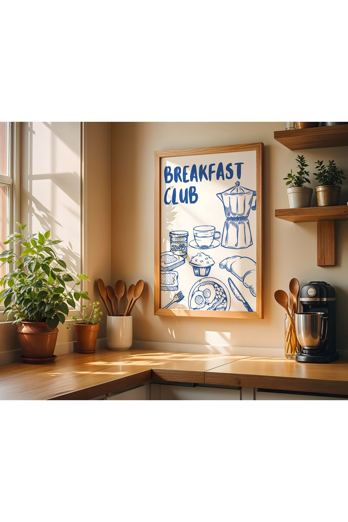 SEON UNIQUE 1 Adet Mutfak Temalı Mavi Breakfast Club Yazılı Fincan ve Kahve Tabaklı Posterli Çerçeveli Tablo