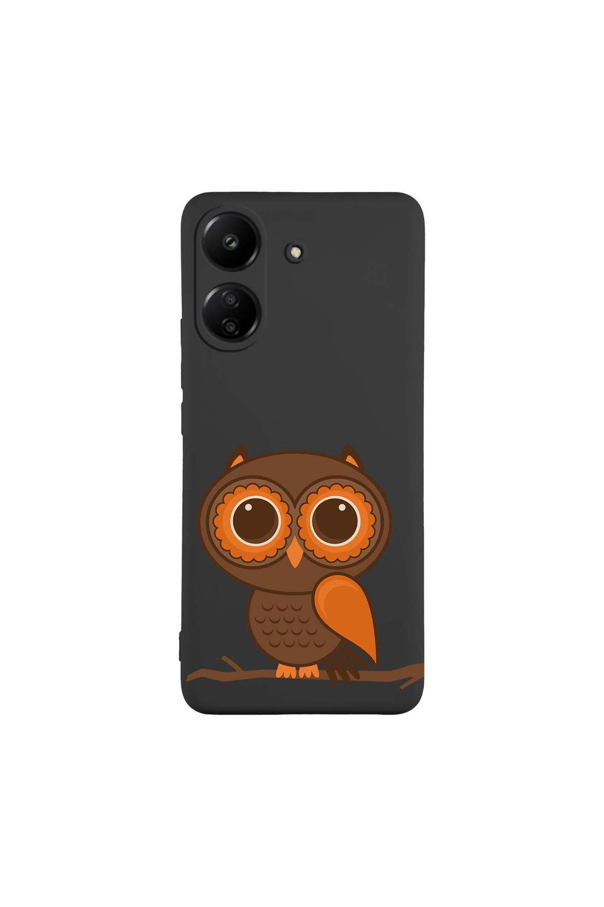 PrintiFy Xiaomi Redmi 13C ile Uyumlu Baykuş (0214a) Tasarımlı Siyah Lansman Silikon Kılıf