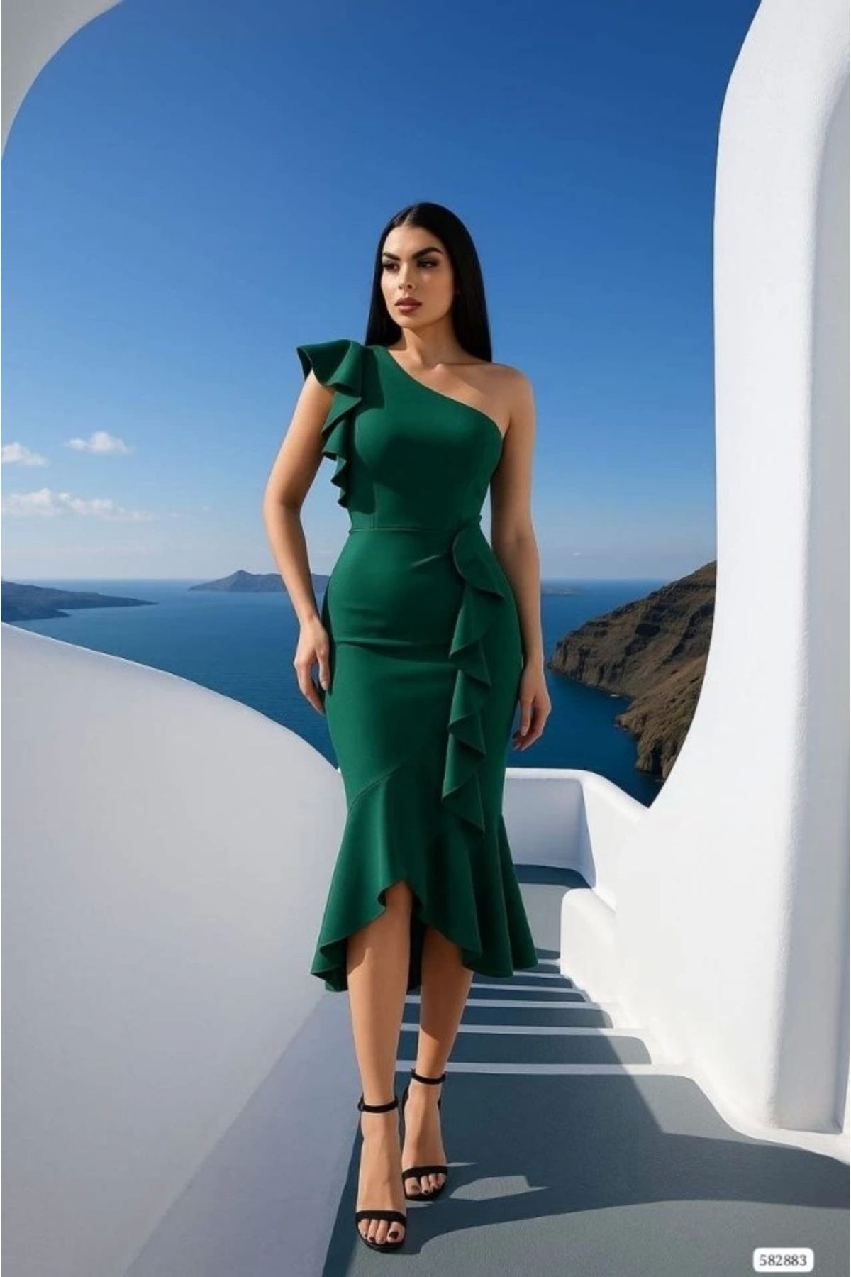 Butik Kadın Dalgıç Kumaş Fırfır Detaylı Midi Boy Elbise