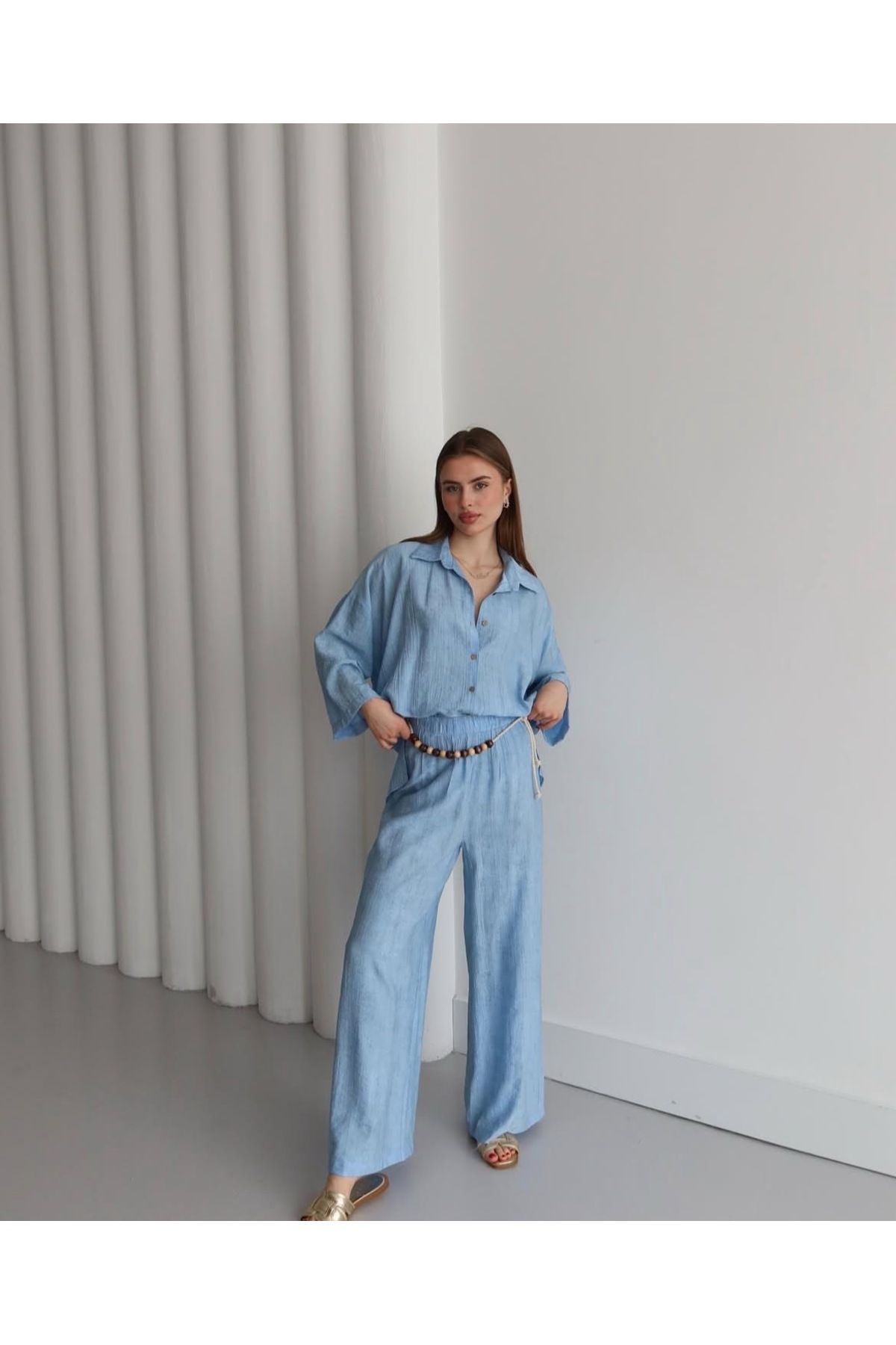 Ekim Store Çilek Kumaş Kemerli Oversize Takım