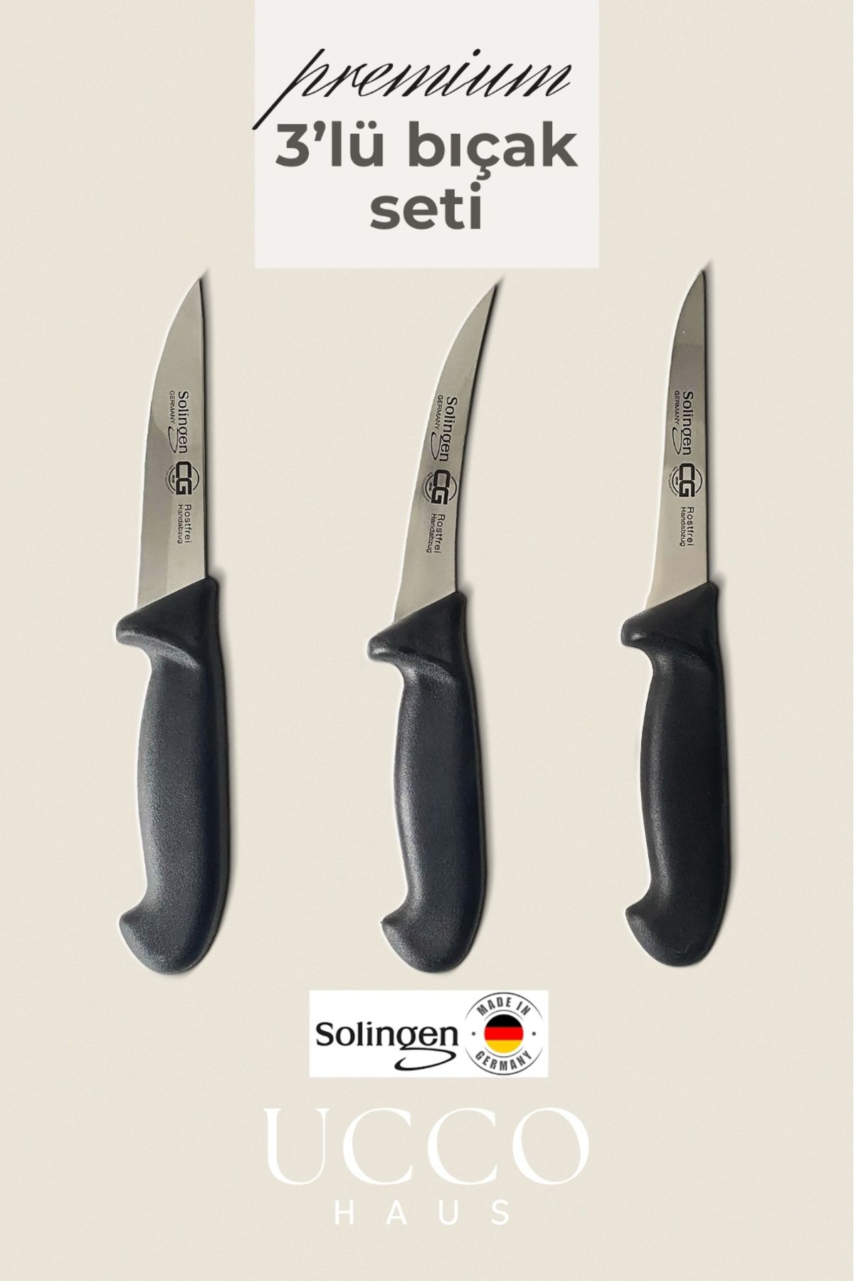 UCCO Solingen Alman Çelik Premium Kasap Bıçağı Seti 3'lü –26 cm Paslanmaz Doğrama Soyma Bıçak-Sebze Meyve