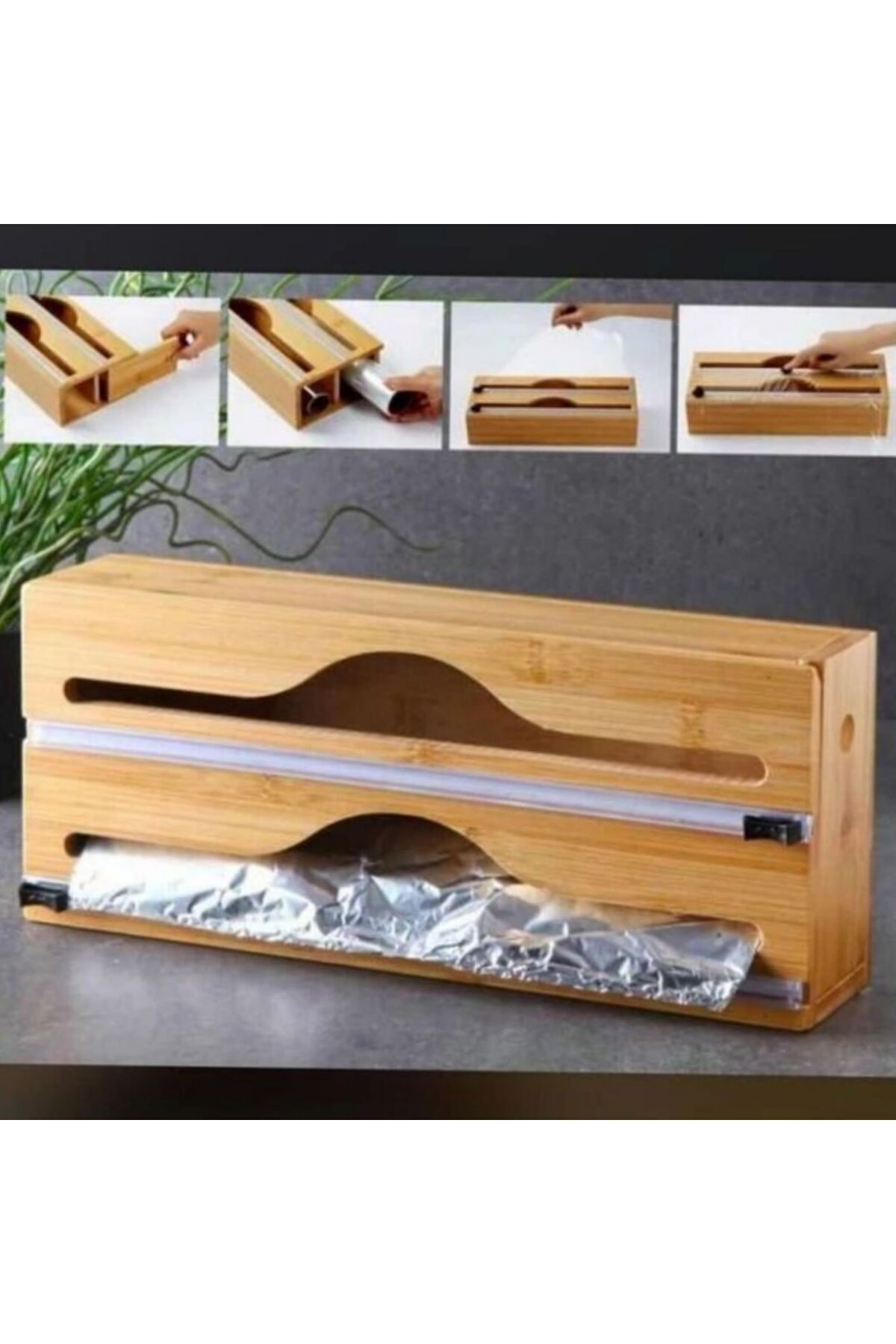 MYG TAM LİFE Bambu 2 Bölmeli Streç Ve Alüminyum Folyo Kesici Organizer Düzenleyici Ölçüleri 34*14*7 Cm