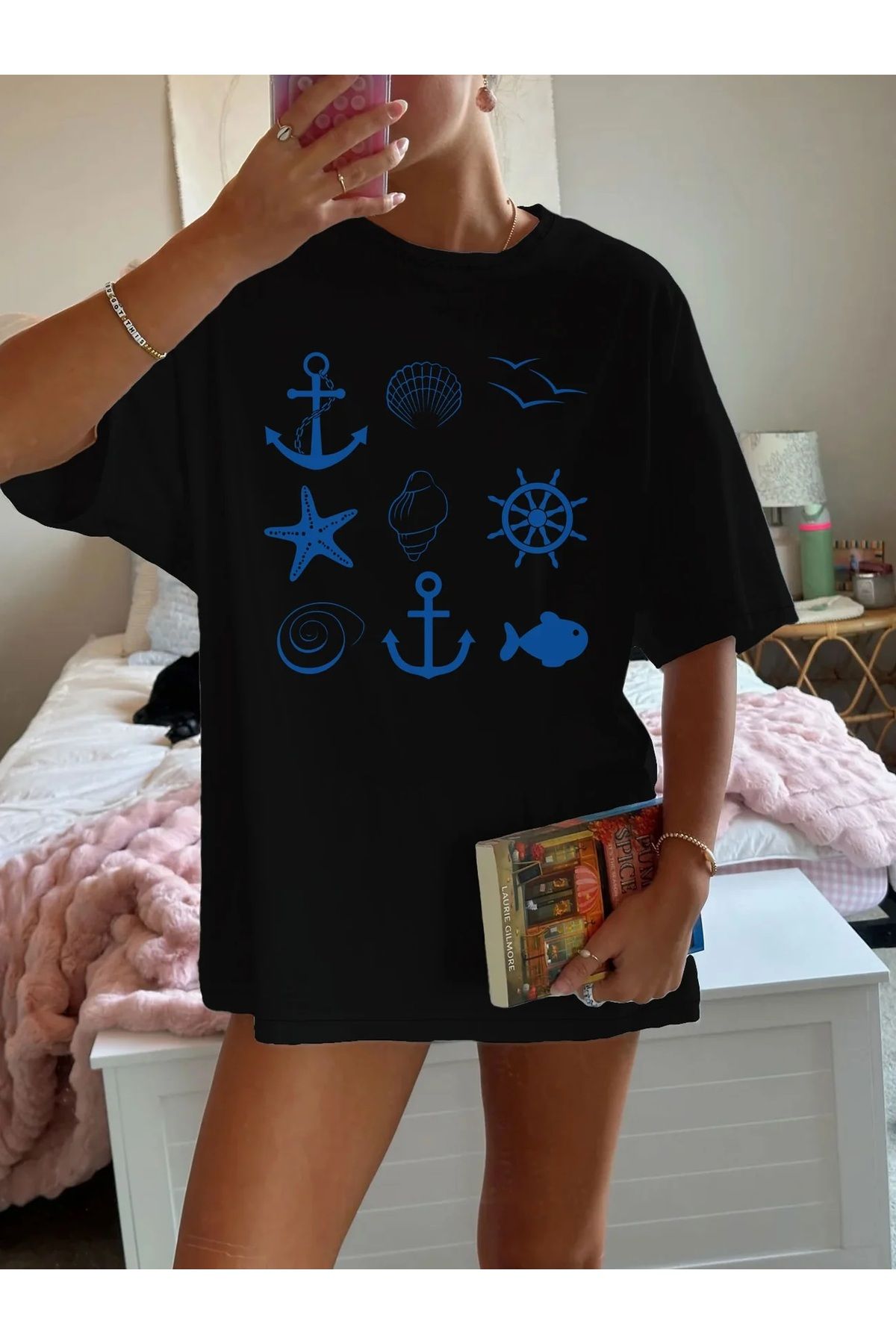 Ferhatlı Yazlık Kadın Deniz Baskılı Oversize Tişört
