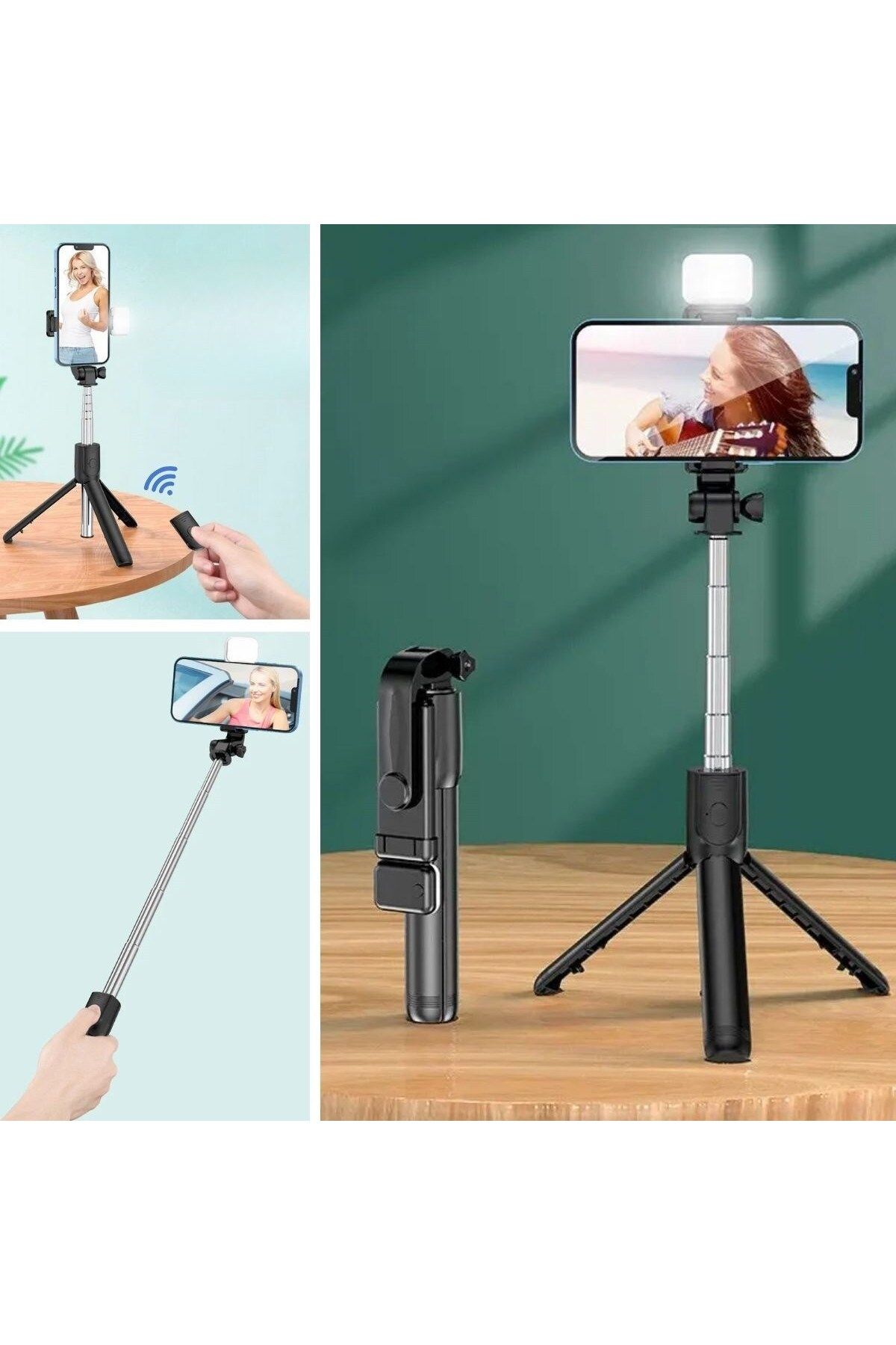 tedaks Kendiliğinden Işıklı Masaüstü Tripod Olabilen Telefon Tutuculu Kablosuz Kumandalı Selfie Çubuğu