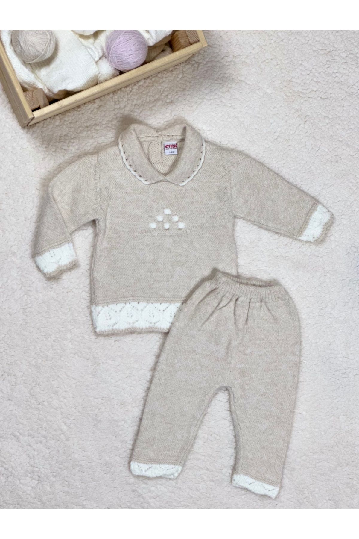 E&S EMİN'S emins Kız Bebek Bebe Yakalı Örme Fındık Desenli Ajurlu Üst Beli Lastikli Alt Triko Alt-Üst Takım