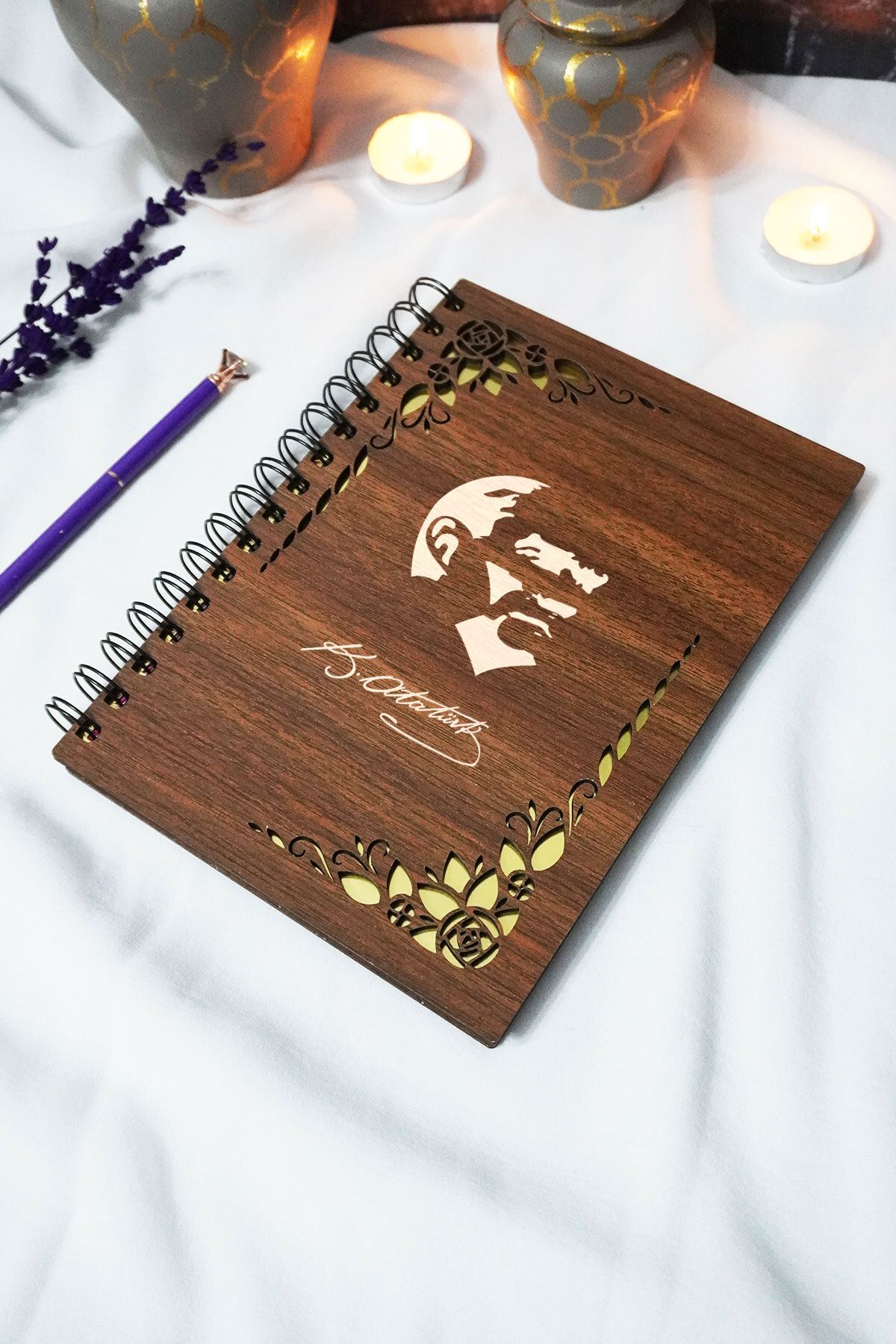 markcat Çiçek Temalı Kemal Atatürk Ahşap Kapaklı Defter - bebek Anı Defteri- A5 Anı Defteri