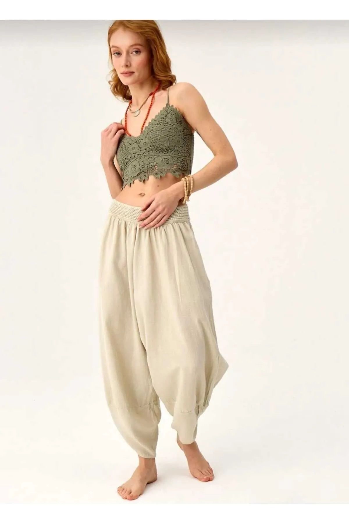 Namaste Vintage Krem renk beli lastikli unisex bilek boy keten şalvar (%100 Pamuk)