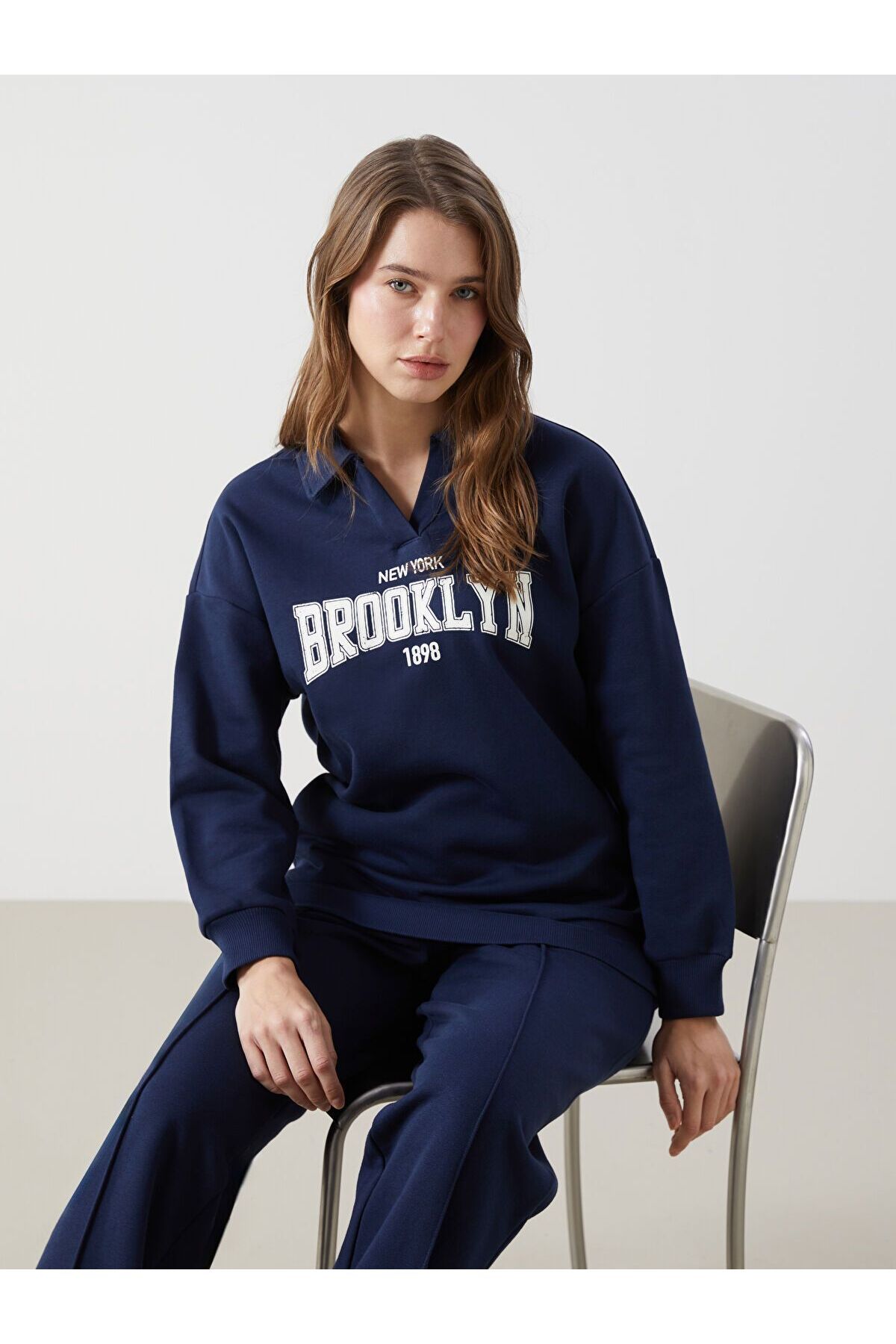 LC Waikiki Polo Yaka Baskılı Kadın Kalın Sweatshirt Tunik