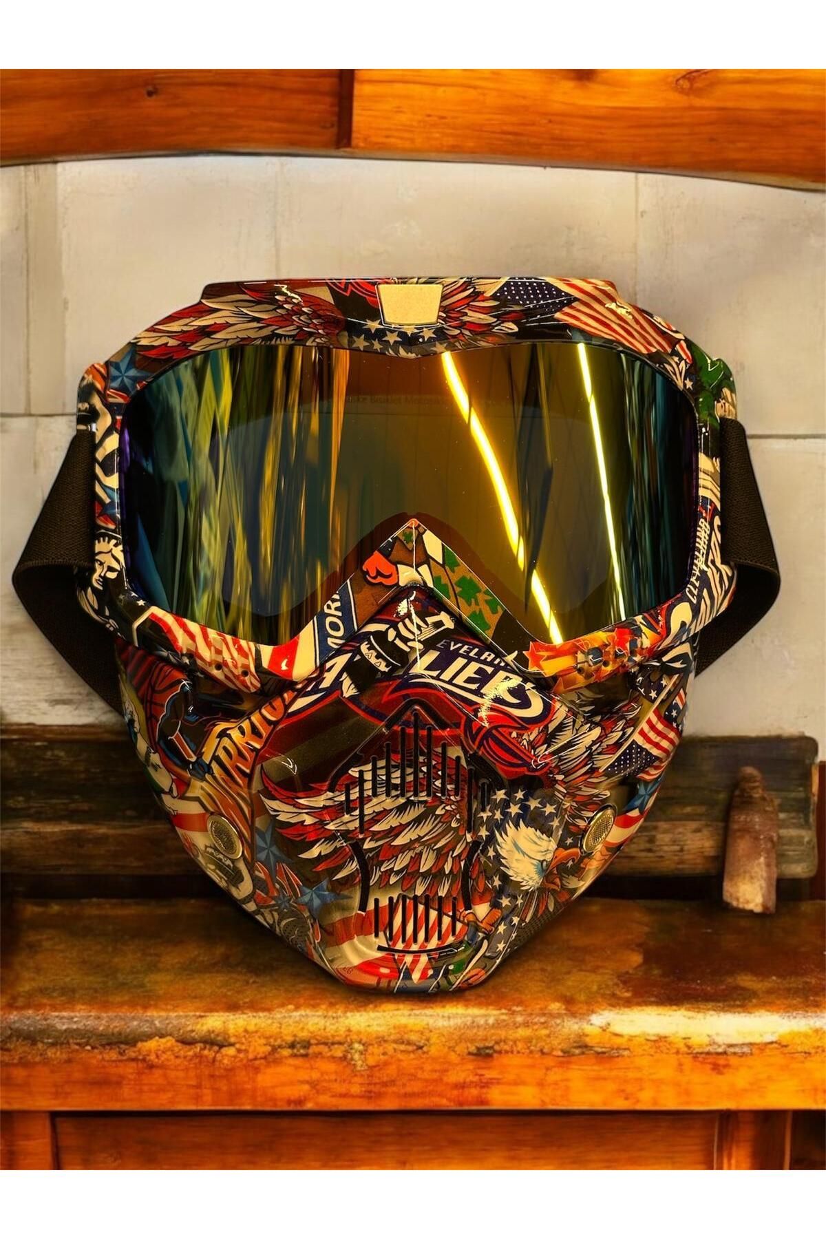 SARİSSA BİSİKLET Tex 710 Jet Maske Bisiklet Motosiklet Kayak Çok Amaçlı Maske Mor Cam Aynalı Gözlük Kartal Desenli