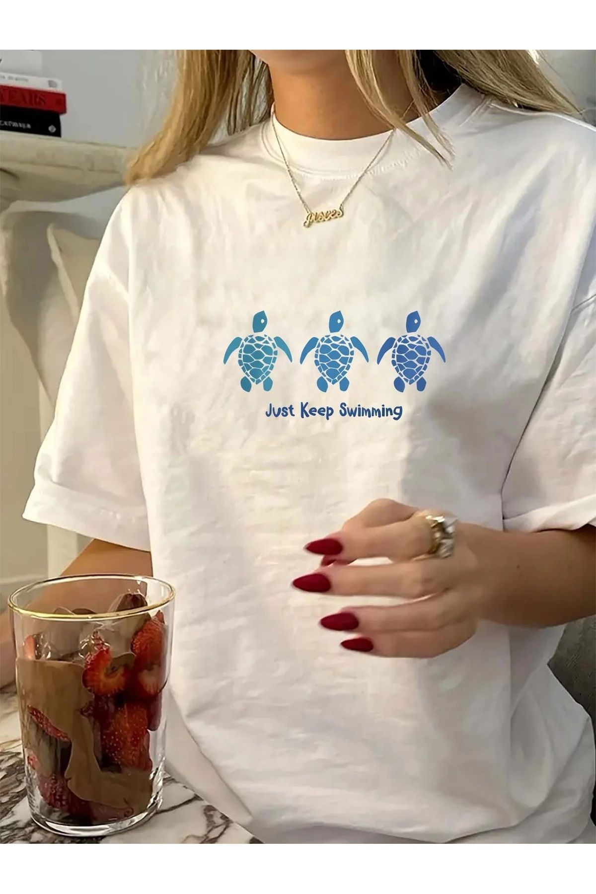 Ferhatlı Yazlık Kadın Deniz Baskılı Oversize Tişört