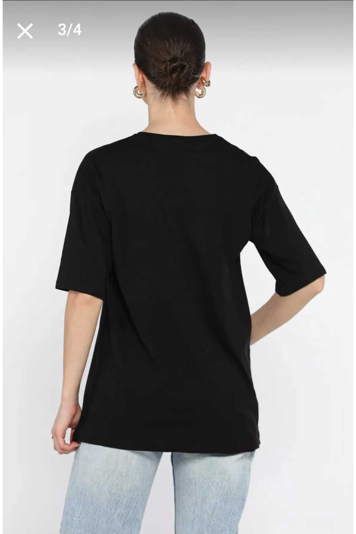 Sena Kadın Siyah Baskılı Bisiklet Yaka T-shirt