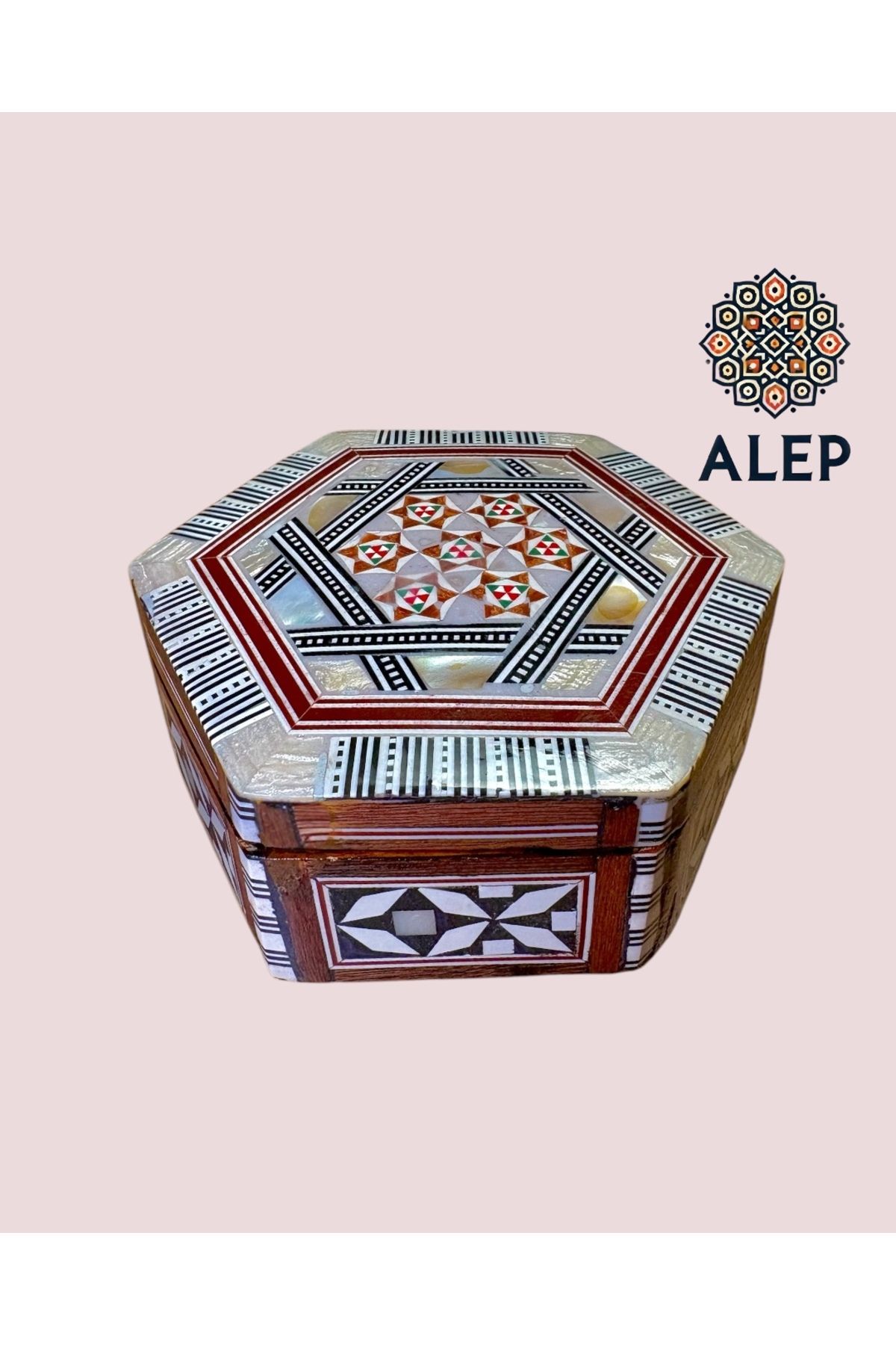 ALEP Altıgen Mozaik Desenli Sedefli Ahşap Tesbih/hediye/Takı Kutusu