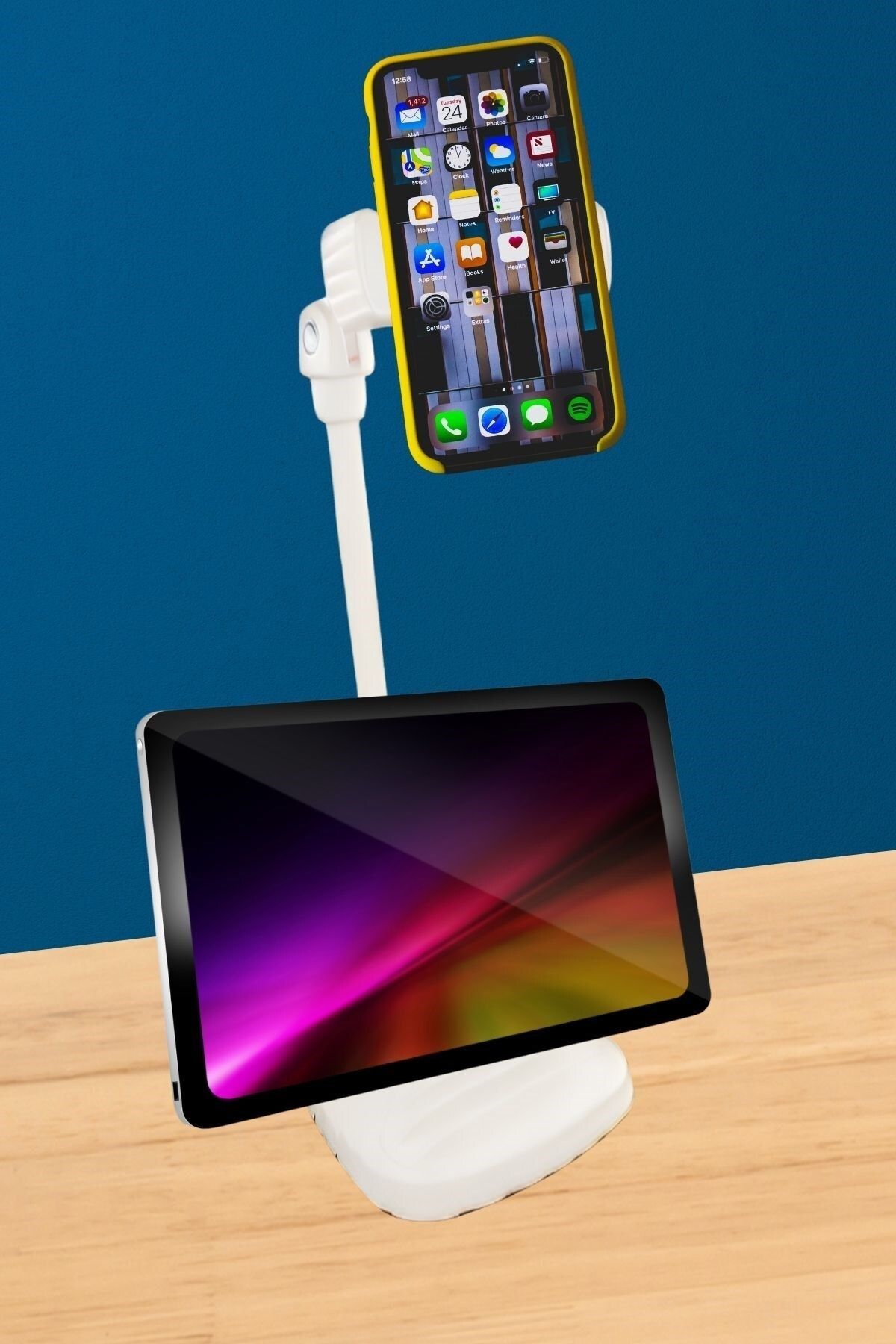 tedaks Masa Üstü Tablet ve Telefon Tutucu Plastik Aparat Beyaz Telefon Standı