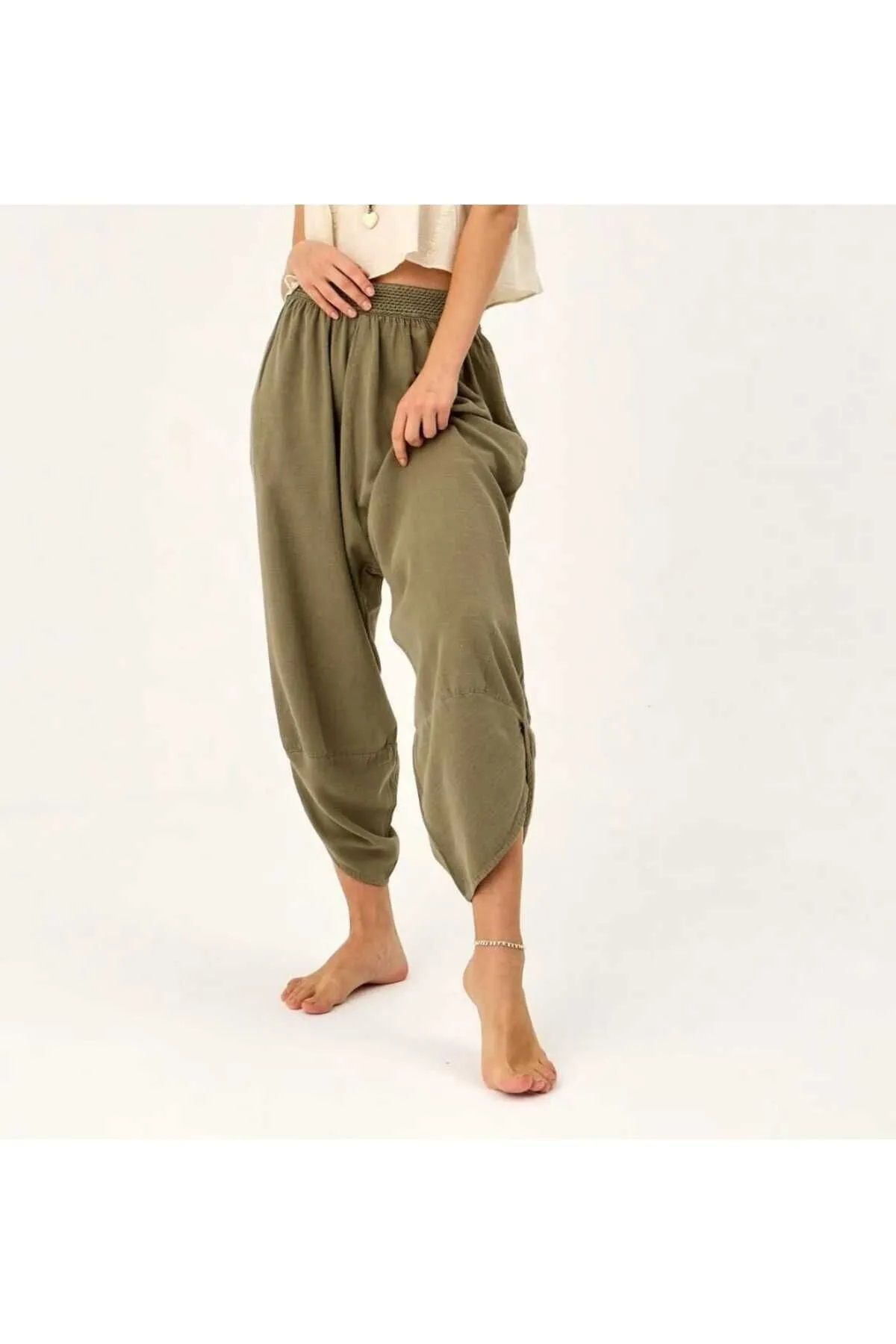 Namaste Vintage Haki renk beli lastikli unisex bilek boy keten şalvar (%100 Pamuk)