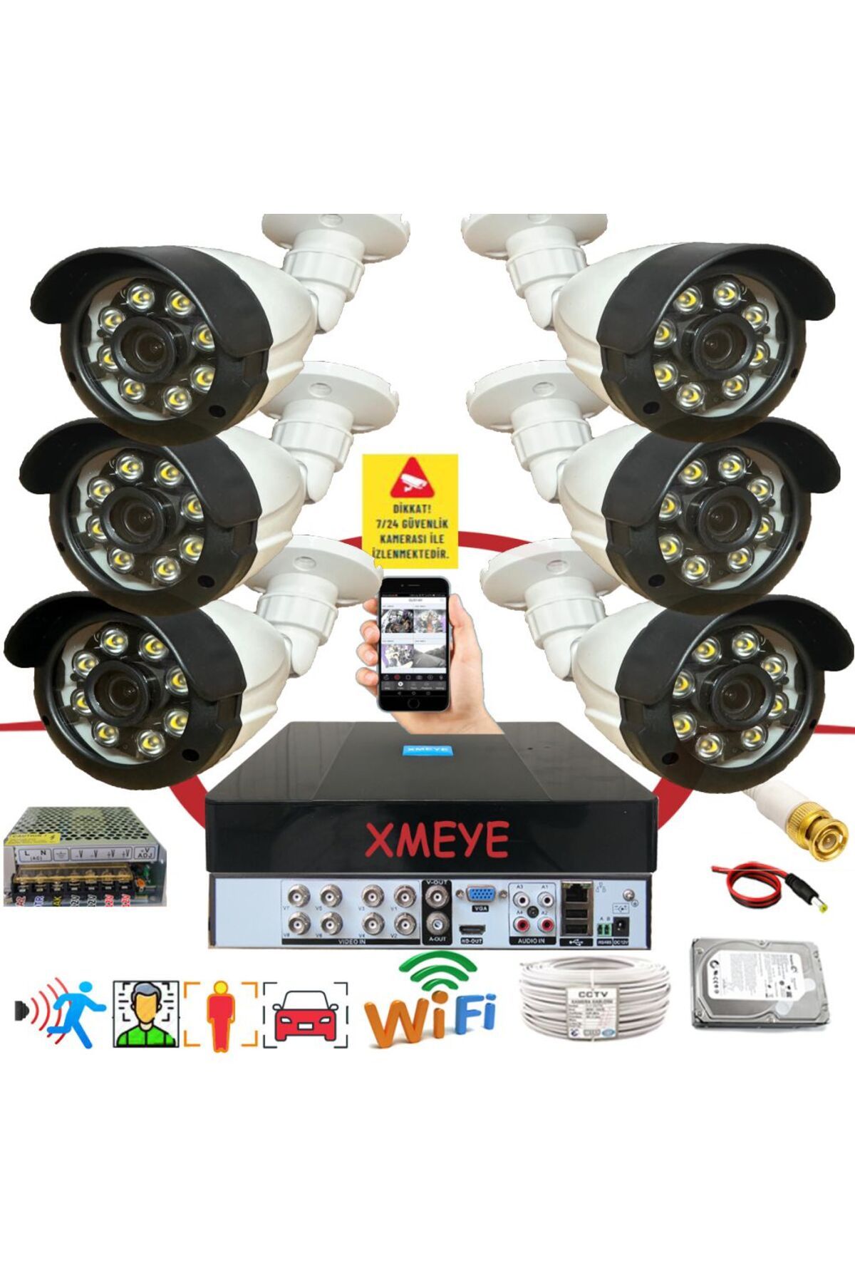 BİSES 6 lı Araç İnsan Yüz Tanımalı Hareket Algılayan 5 MP Lens 8 Warm Led Gece Renkli Kamera Seti 2308W