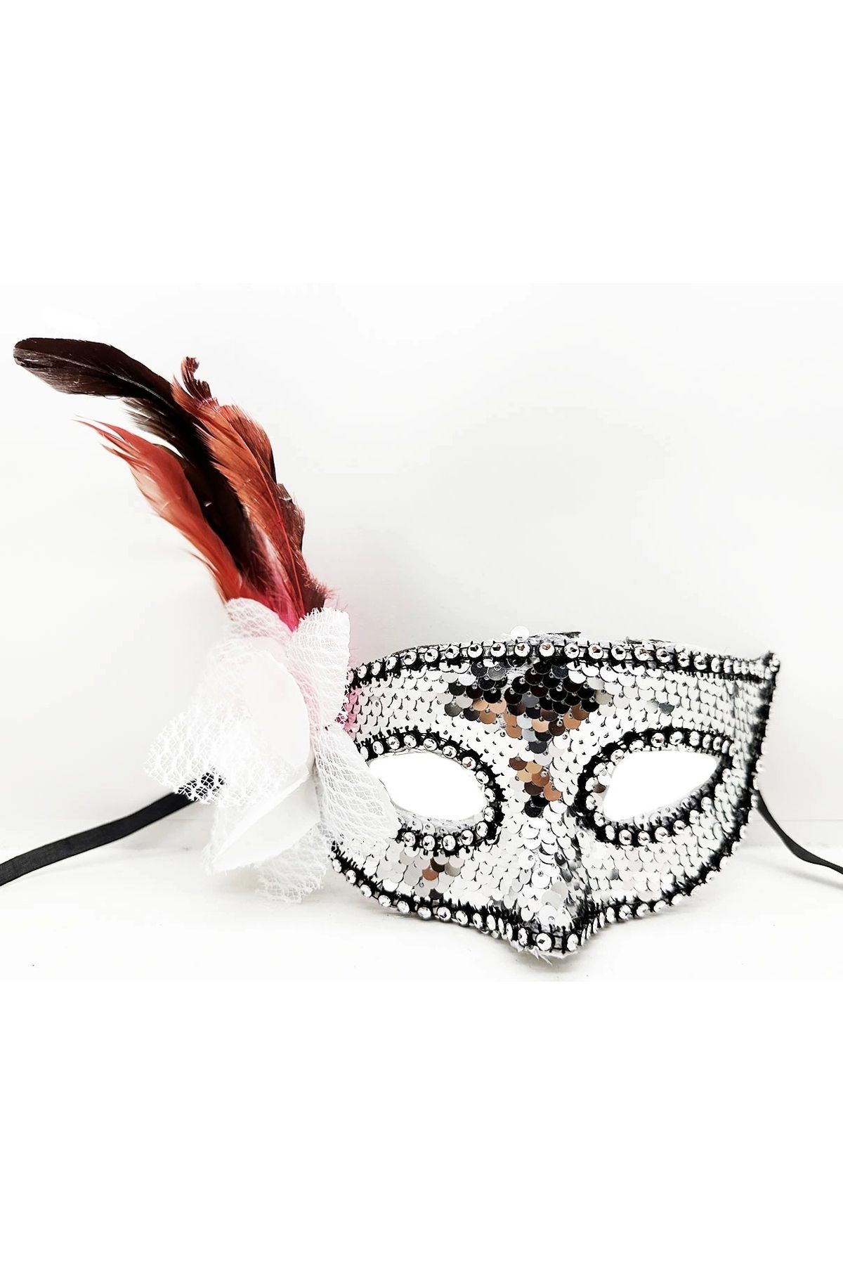 STOREMAX Gümüş Renk Yandan Tüylü Güllü Gümüş Taşlı Pullu Maske 20x22 cm (5047)