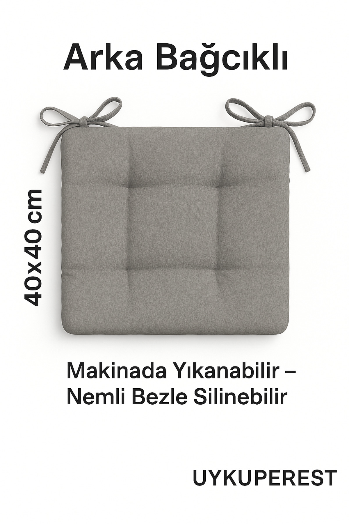 Pofidık Gri Sandalye Minderi – Bağcıklı, Slikon Dolgulu, Yıkanabilir detay
