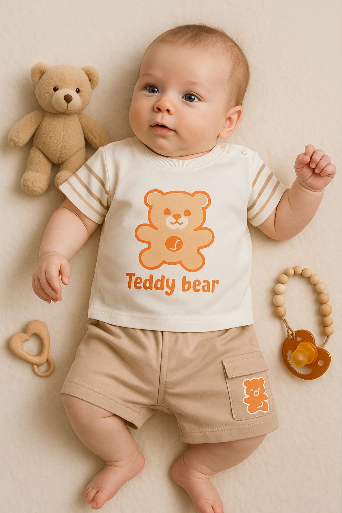 HAVUÇ BEBEK Kiddimax Yazlık Teddy Bear Ayıcık Baskılı 2’li Bebek Takım