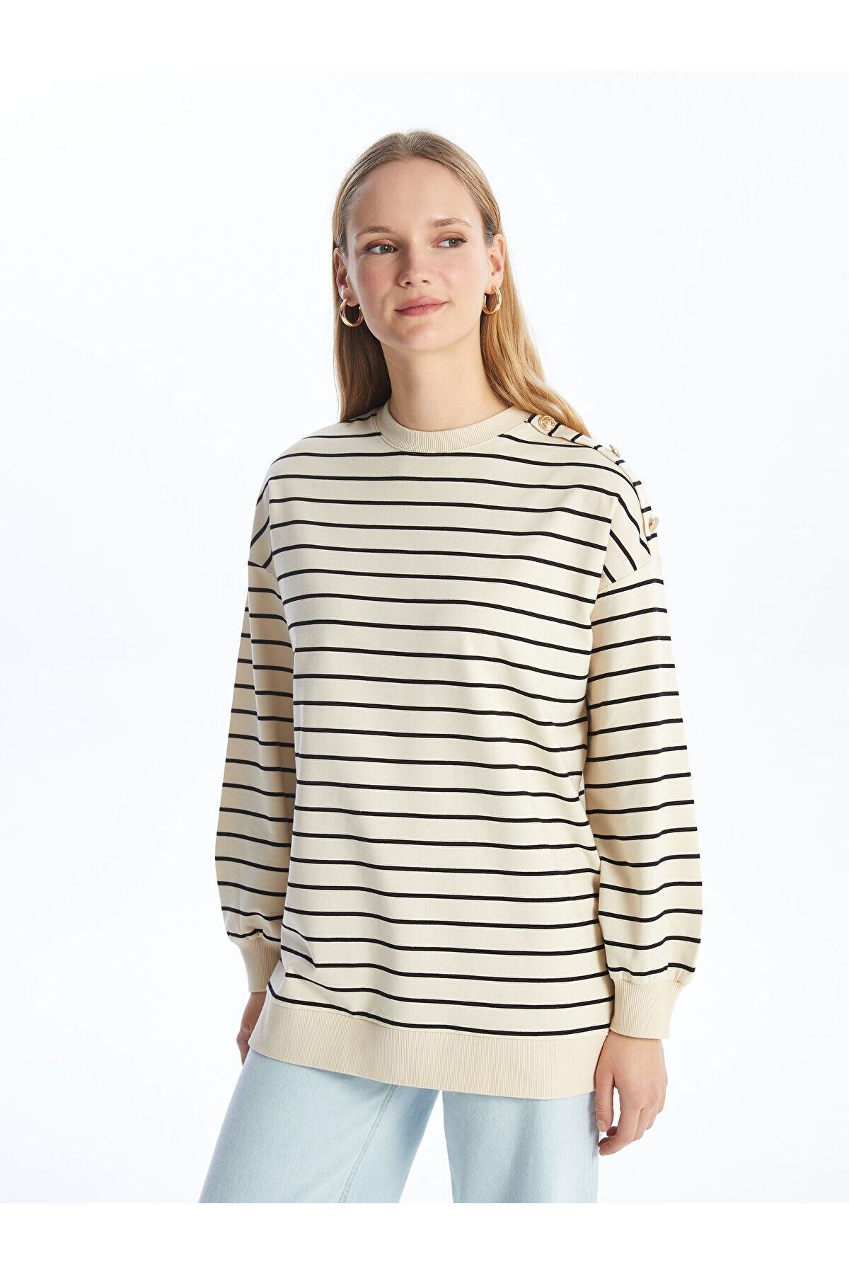 LC Waikiki Çizgili Oversize Kadın Sweatshirt Tunik