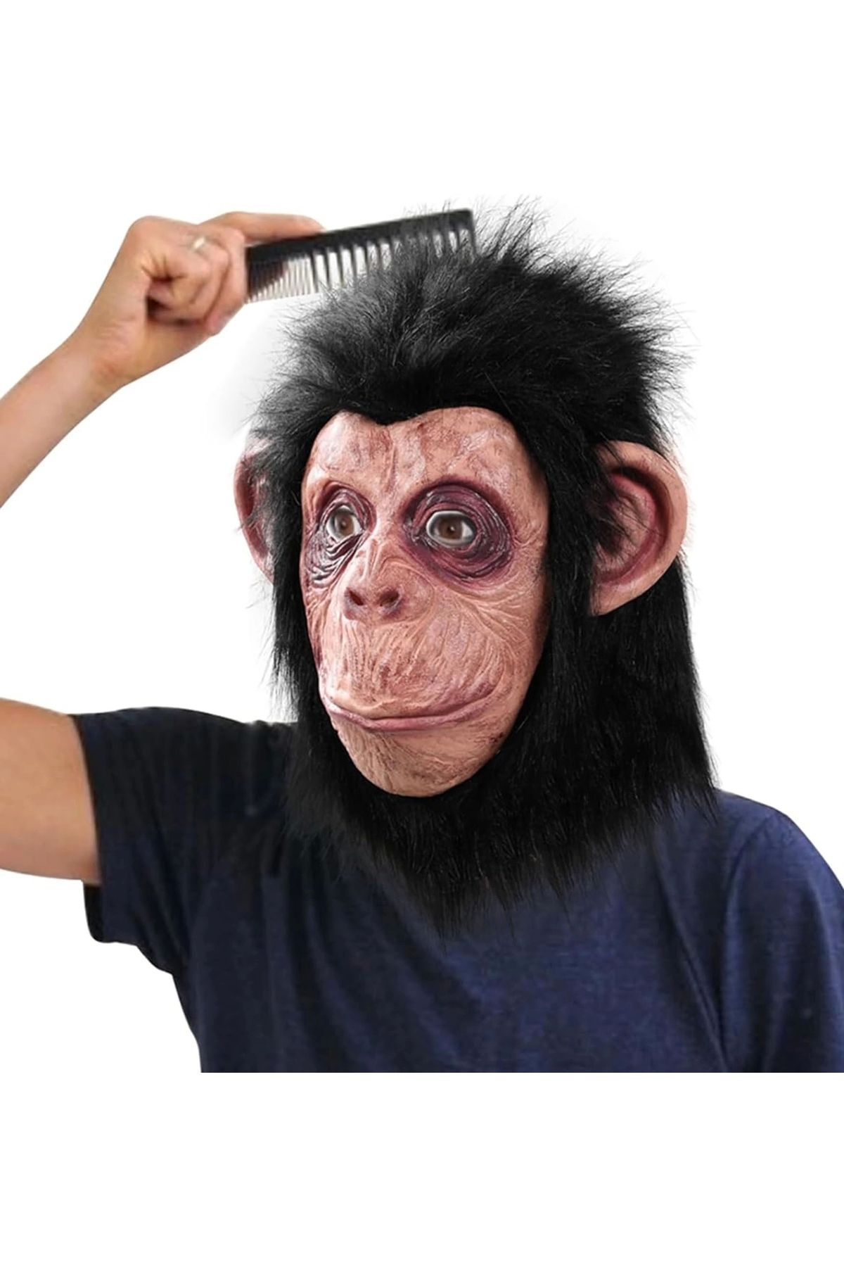 STOREMAX Siyah Saçlı Kafaya Tam Geçmeli Lateks Şempanze Maskesi - Lateks Maymun Orangutan Goril Maske Et Mask