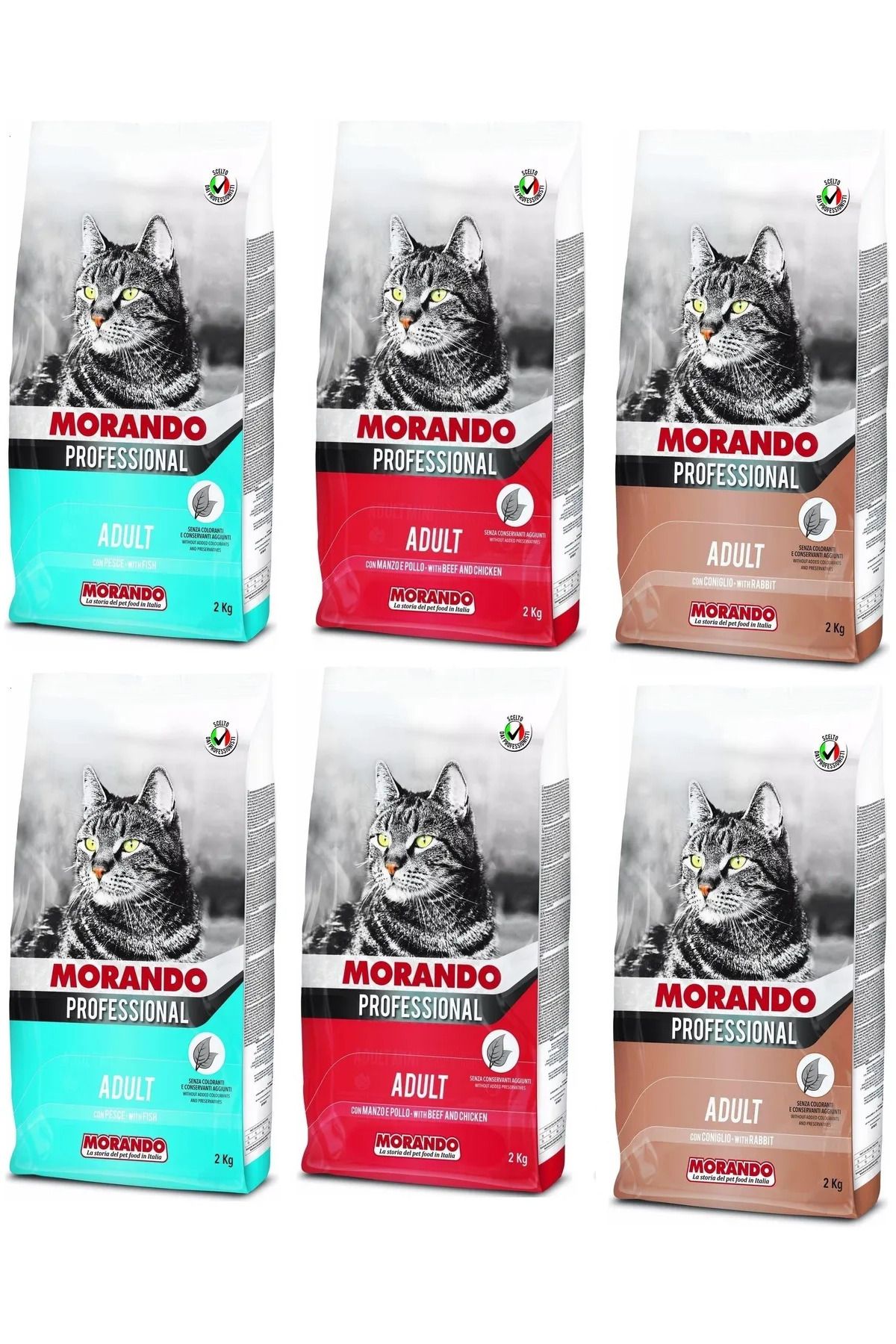MORANDO Yetişkin Kedi Maması-biftekli&tavuklu-tavşanlı-balıklı 6 adet 2 kg