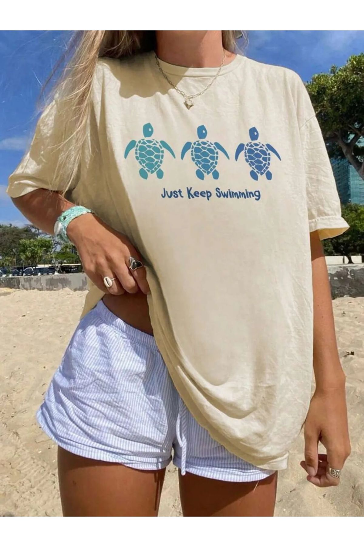 Ferhatlı Yazlık Kadın Deniz Baskılı Oversize Tişört