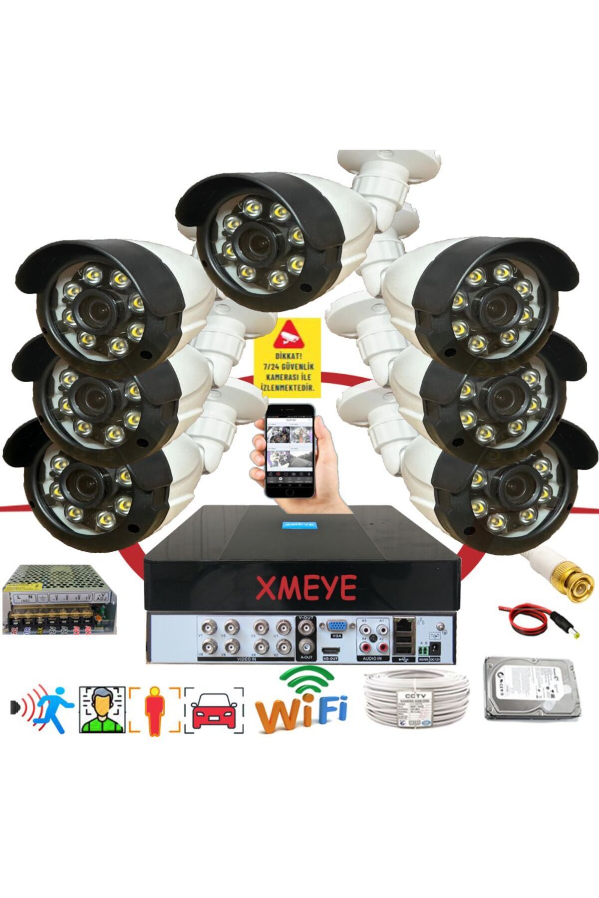 BİSES 7 li Araç İnsan Yüz Tanımalı Hareket Algılayan 5 MP Lens 8 Warm Led Gece Renkli Kamera Seti 2308W