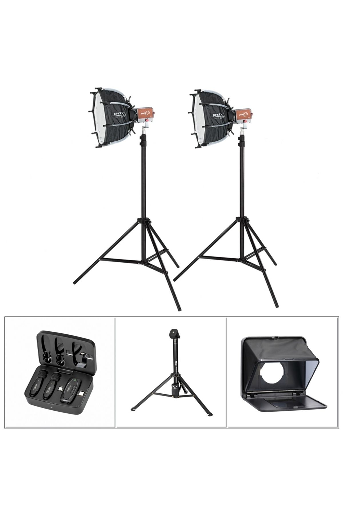 PDX KY-BKO323 İkili Led Işık, Lensgo TC7 Prompter, PDX V10 Mikrofon ve Tripod Kit
