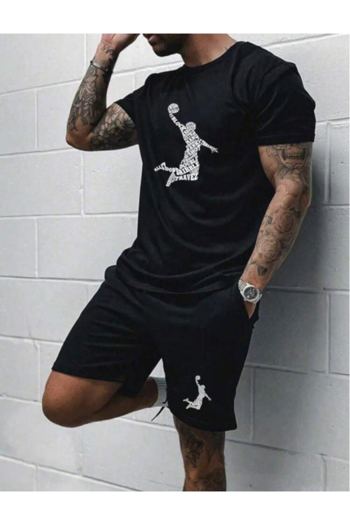 khufu Oversize Bisiklet Yaka Alt Üst T-shirt Şortlu Basketbol Baskılı ikili Takım Unisex