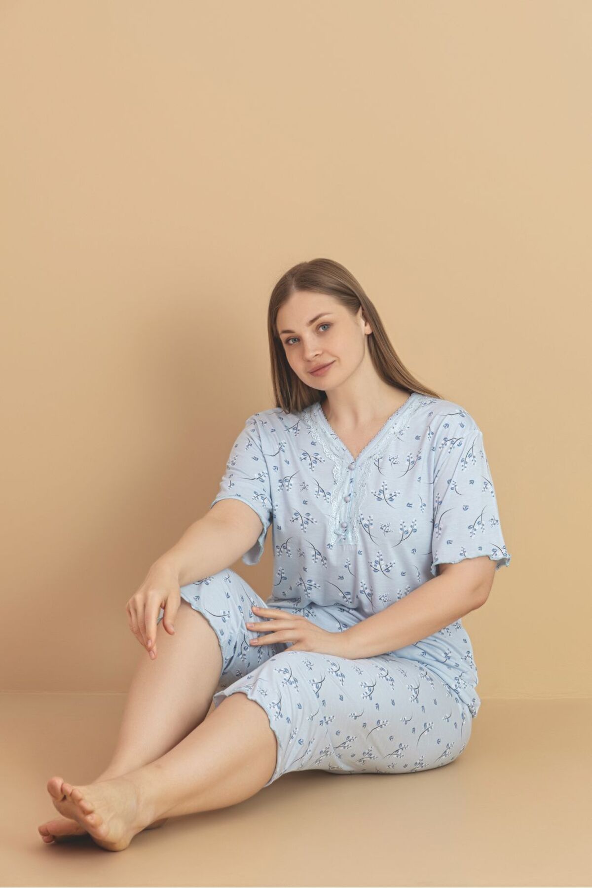 wear treasure Kadın Büyük Beden Kısa Kollu Kapri Bambu Pijama Takımı