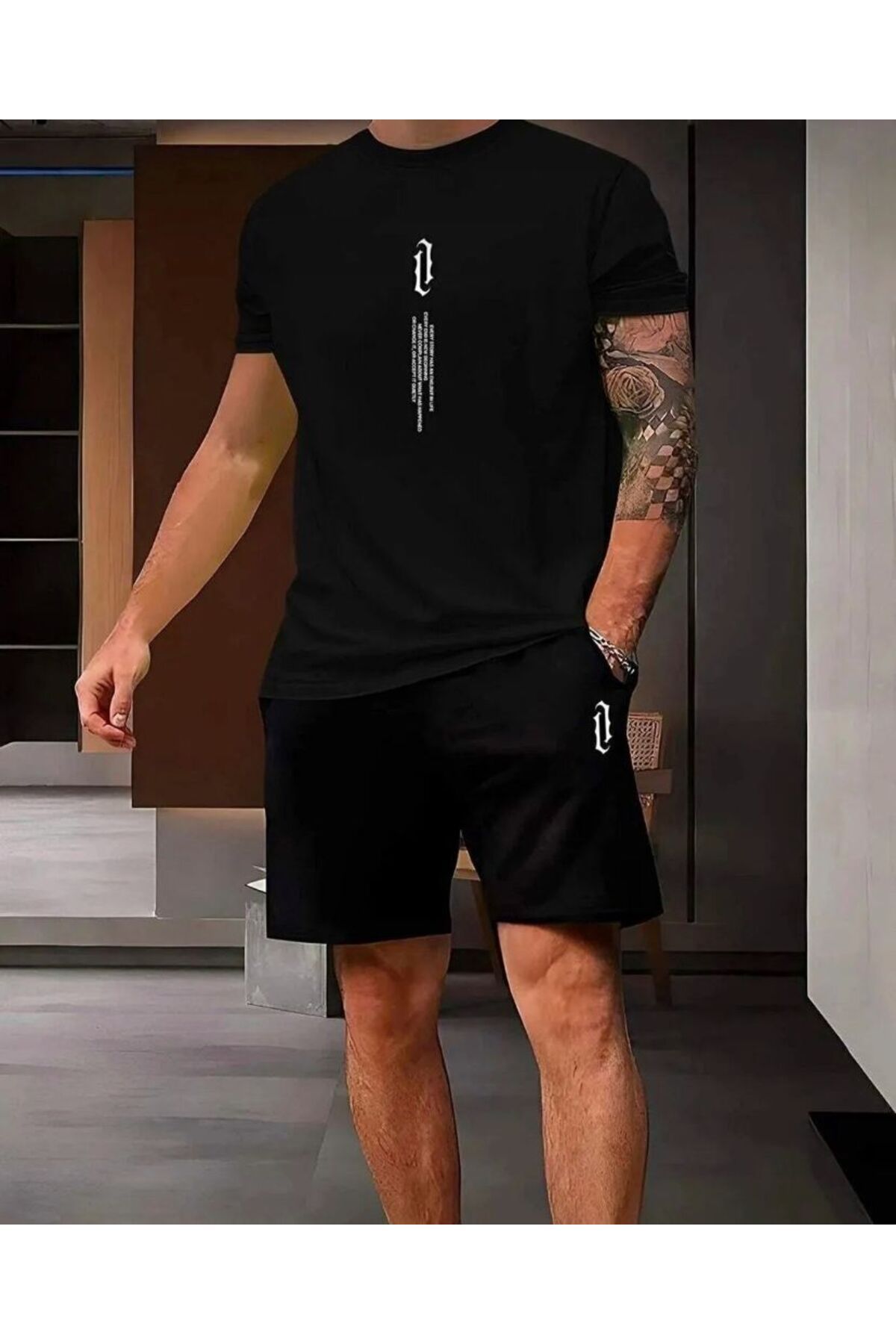 khufu Oversize Bisiklet Yaka Alt Üst T-shirt Şortlu Dikey Baskılı ikili Takım Unisex