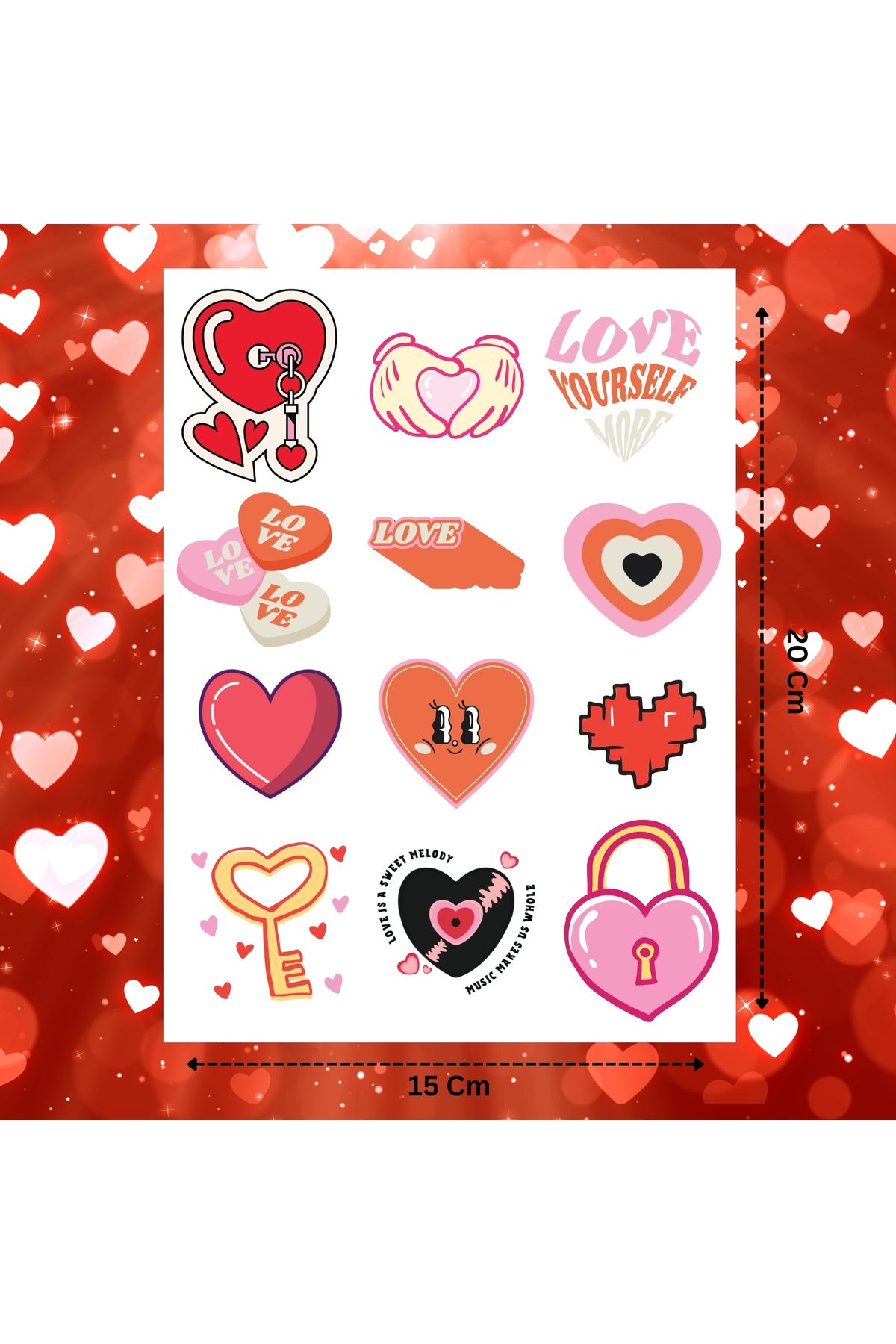 aldialiyor Kalp ve Sevgi Temalı Sticker Seti Laptop Defter Hediye Paketi Etiket 12 Adet Uzun Kenarı 4 cm