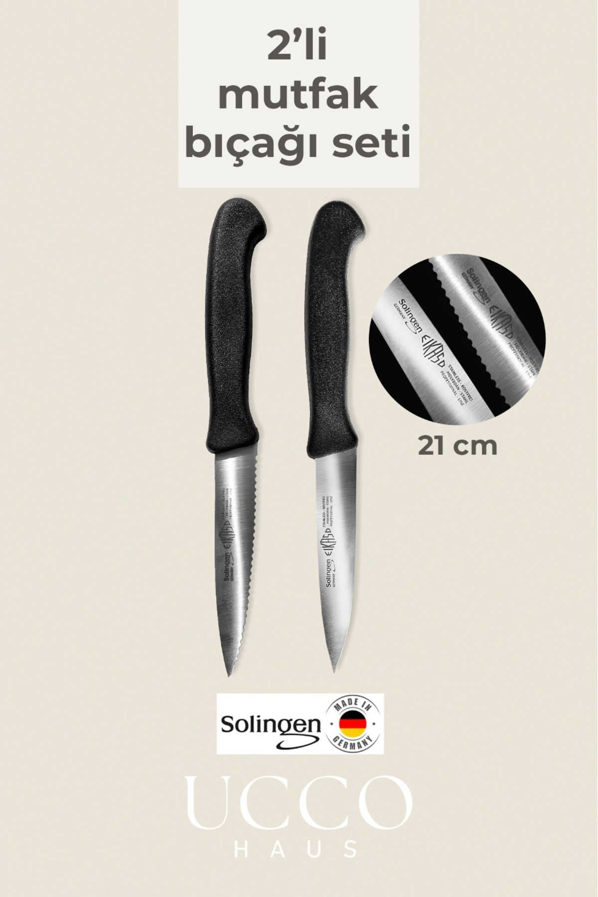 UCCO Solingen Alman Çelik 2’li Sebze Meyve Et Bıçak Seti – Düz ve Lazerli Ağız, 21 cm, Paslanmaz