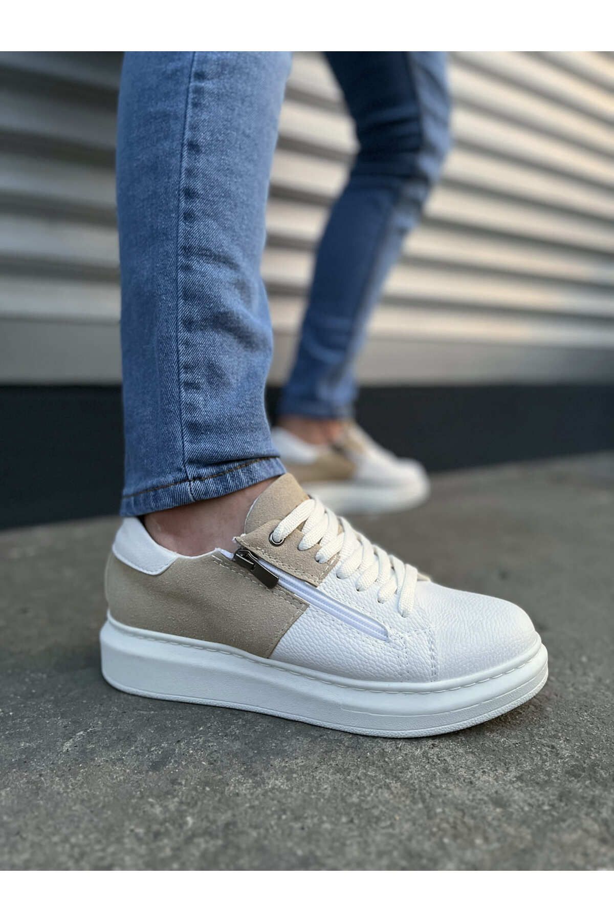 Zerenyus JY155 Warrior Bağcıklı ve Fermuarlı Erkek Günlük Casual Sneaker Ayakkabı - Süet Beyaz Krem