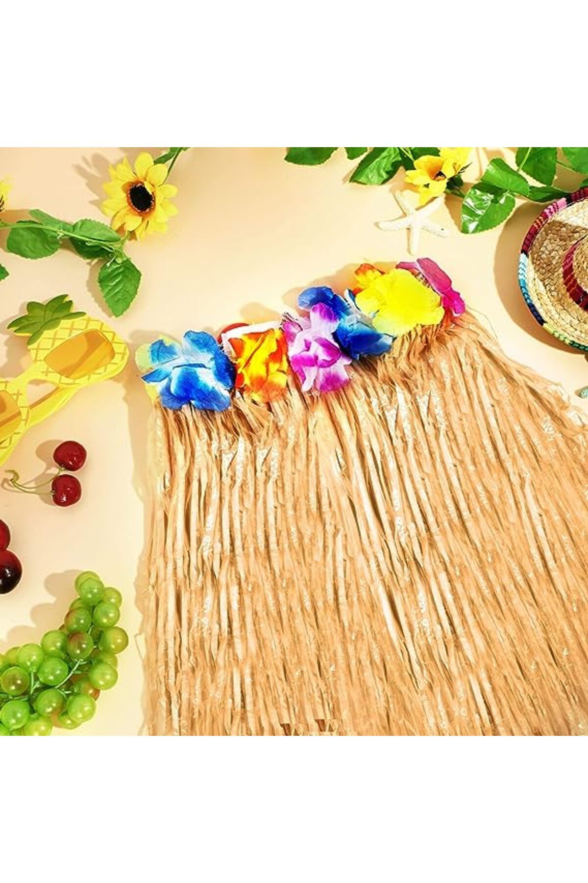 ÖYKÜ VE YİĞİT Yetişkin ve Çocuk Uyumlu Saman Renk Hawaii Luau Hula Etek 40 cm 12 Adet
