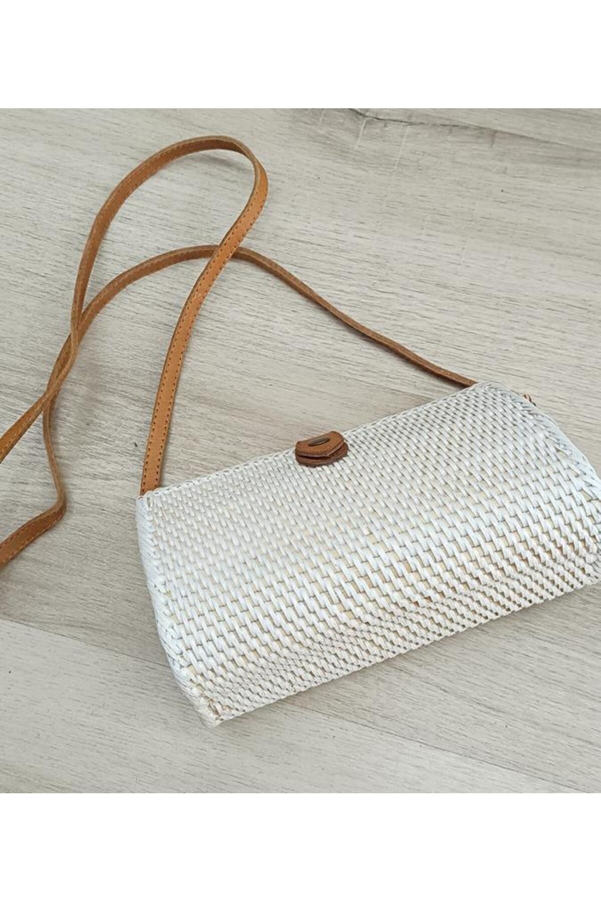 Hd Marketim Çanta Bambu Rattan El Yapımı Deri Askı Kadın Hasır Omuz Çantası Beyaz Renk
