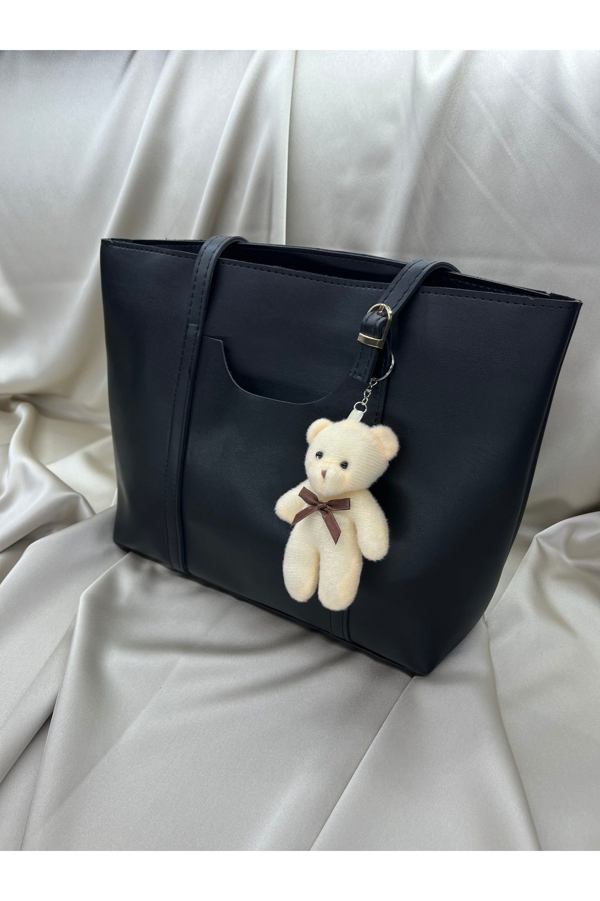 lunaria bags Kadın Siyah Ayıcık Anahtarlıklı Omuz ve El Çantası