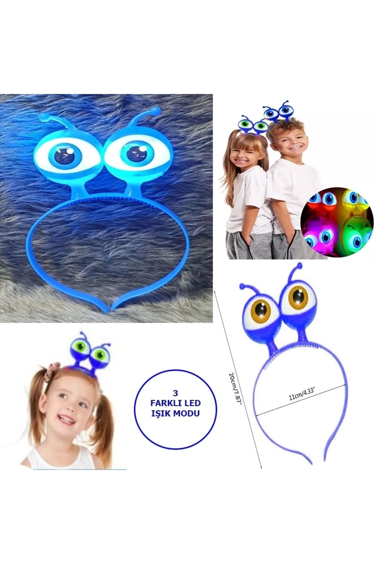 STOREMAX Led Işıklı &amp;amp; Pilli 3 Farklı Modda Yanan Uzaylı Göz Parti Tacı Mavi Renk 18x12 cm (5047)