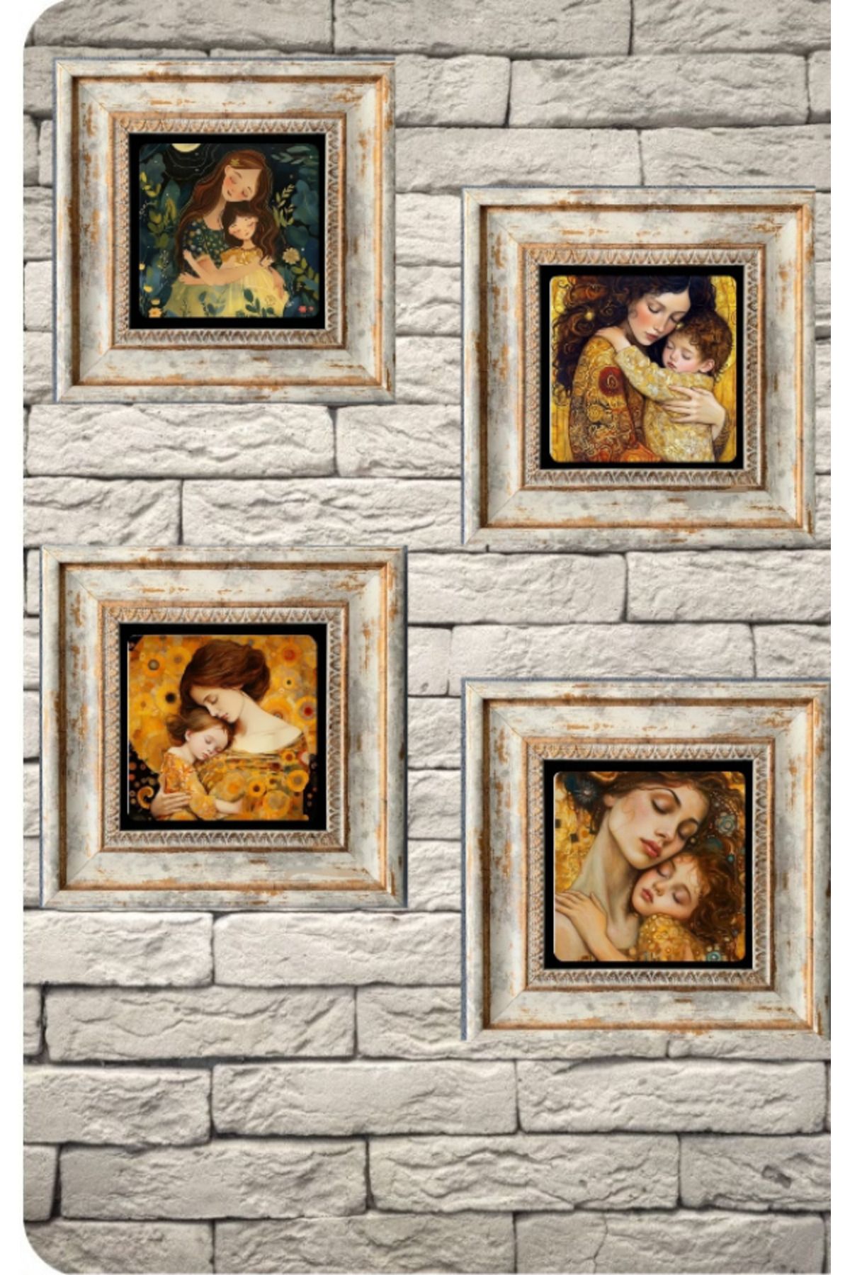 STONEVİVEART Anneler Ve Çoçukları Çerçeveli Duvar Tabloları Duvar Dekorları Pano 20x20 Cm 4'lü Tablo