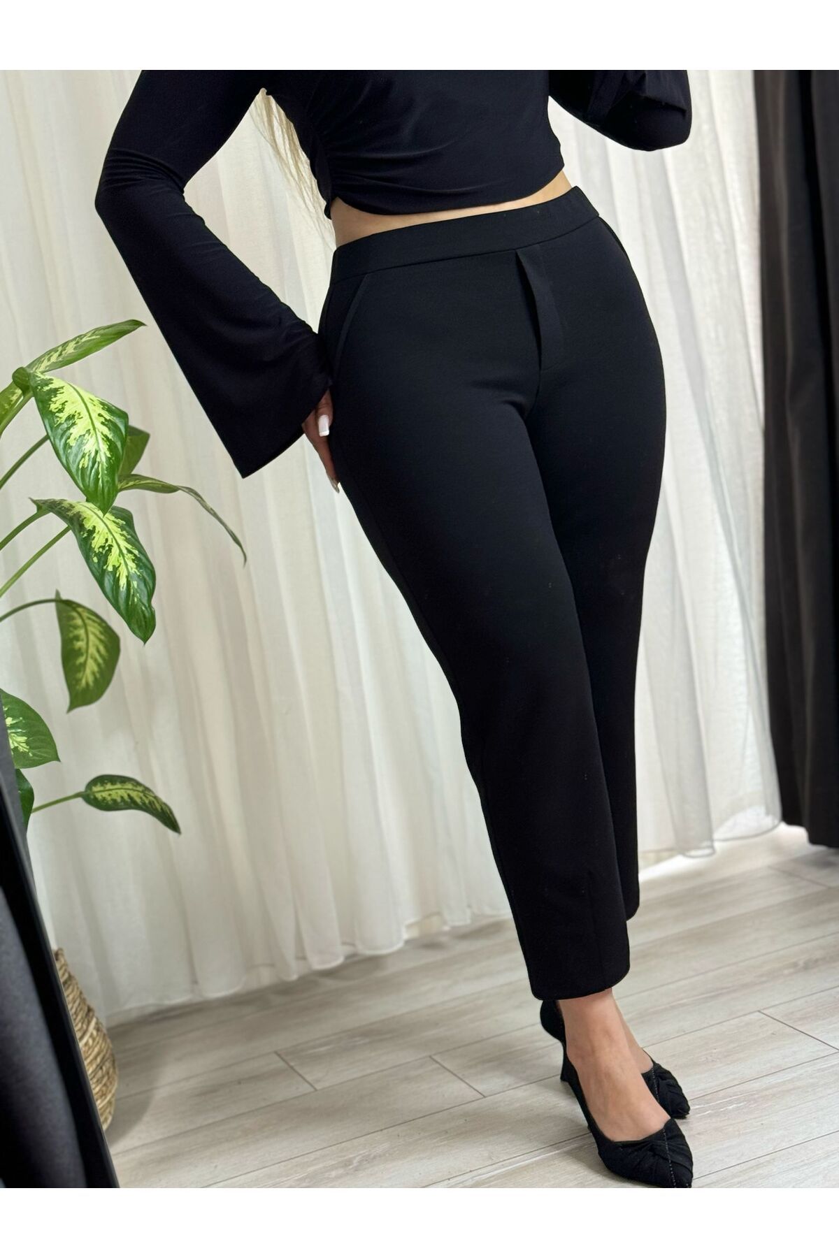 Butik Nilyam Kadın Büyük Beden Çelik Kumaş Esnek Yüksek Bel Pantolon 24760 Siyah