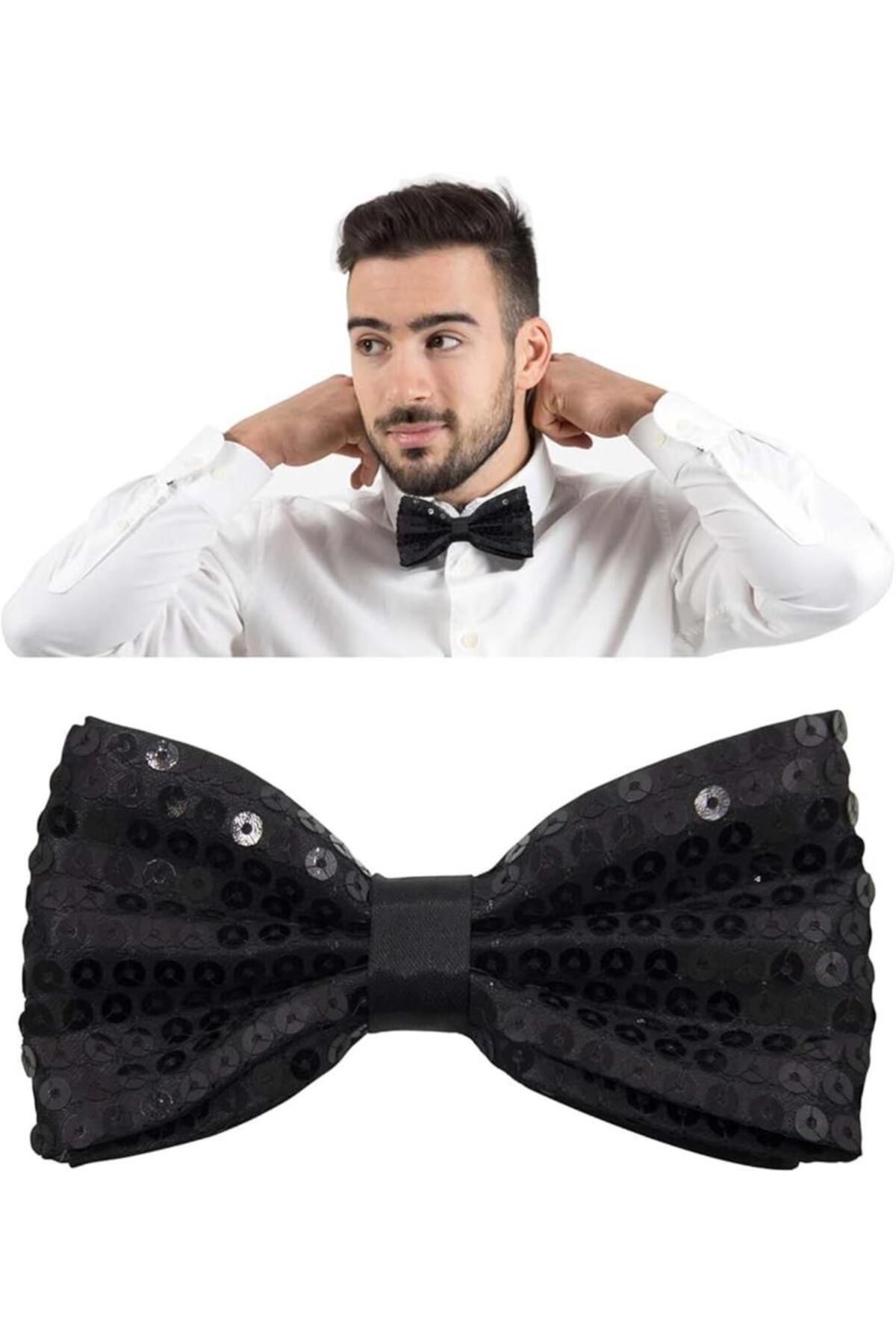 Toptan Bulurum Gece Işıltısı Siyah Payetli Pullu Papyon 7x2 cm