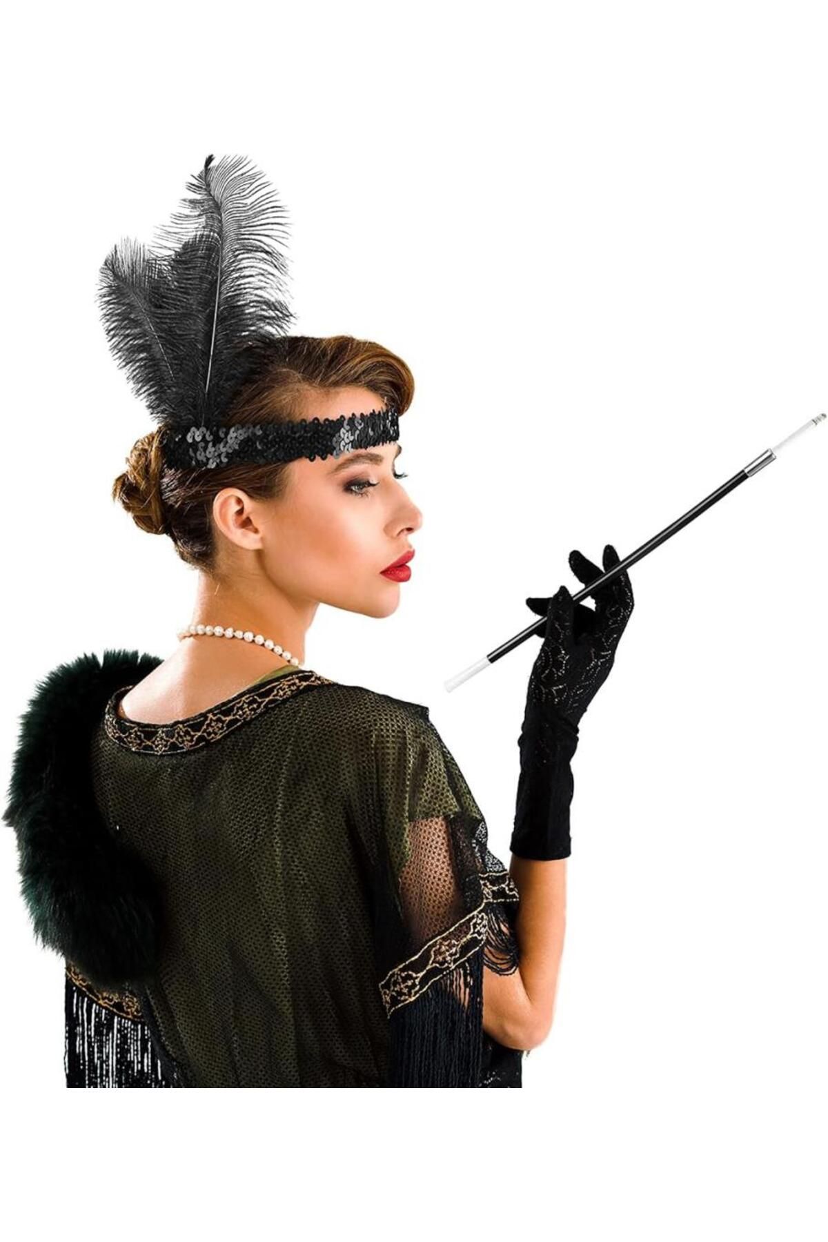 Toptan Bulurum 1920'ler Gatsby Aksesuar Seti – Siyah Charleston Saç Bandı & Sigaralık