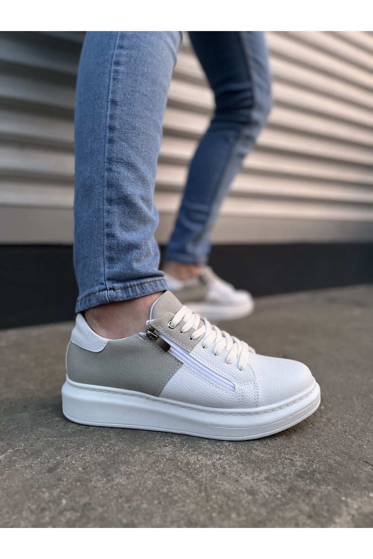 Zerenyus JY155 Warrior Bağcıklı ve Fermuarlı Erkek Günlük Casual Sneaker Ayakkabı - Süet Beyaz Gri
