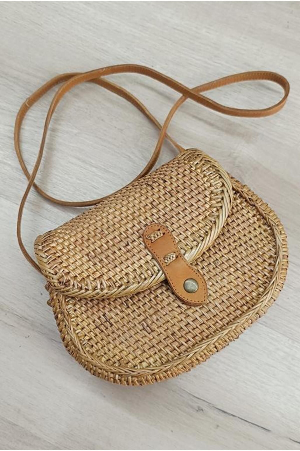 Hd Marketim Çanta Bambu Rattan El Yapımı Deri Askı Kadın Hasır Omuz Çantası Kutu Model