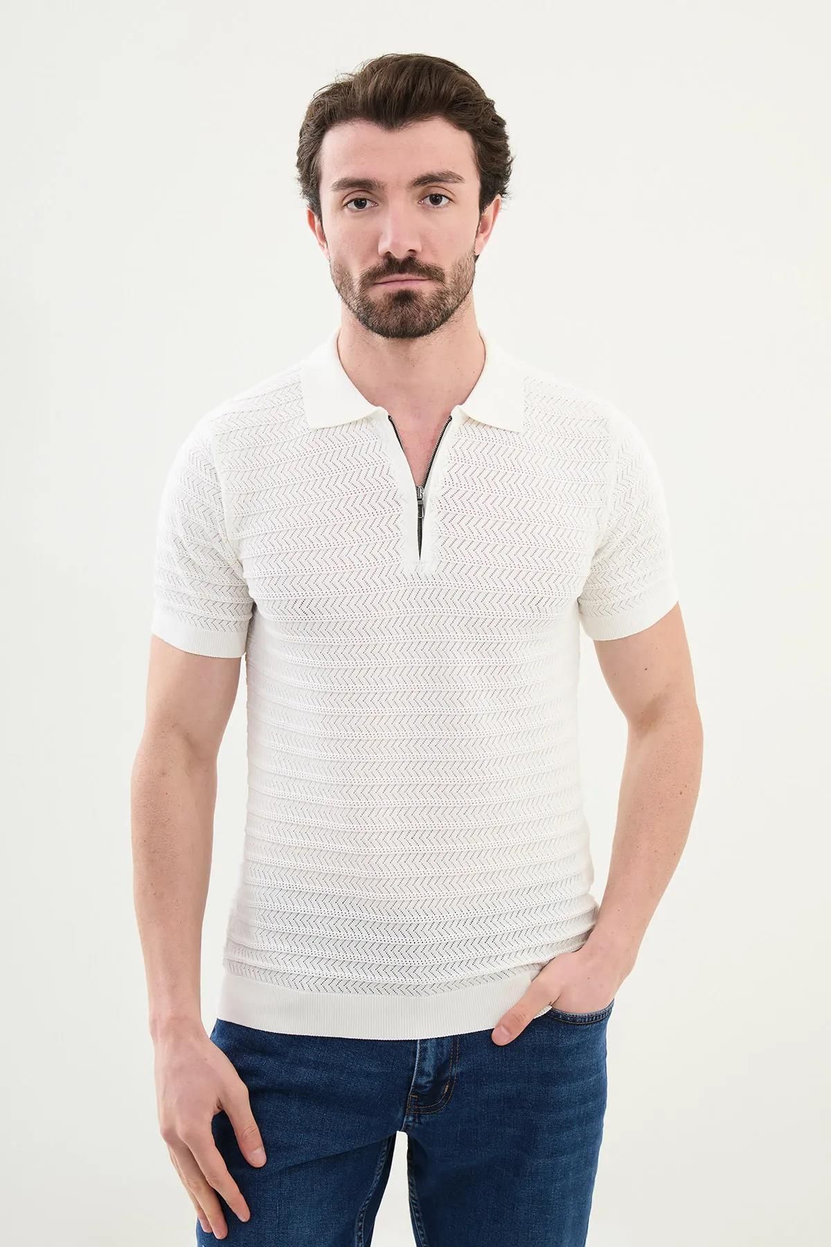 Mcr Desenli Slim Fit Fermuarlı Polo Yaka Erkek Triko T-shirt 11536