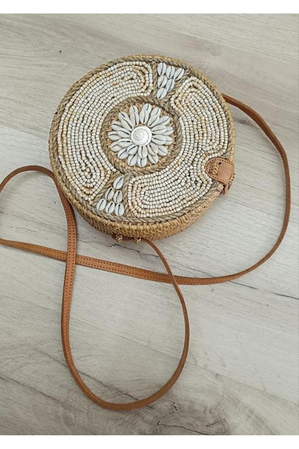 Hd Marketim Çanta Deniz Kabuklu Boncuklu Bambu Rattan El Yapımı Deri Askı Kadın Hasır Omuz Çantası