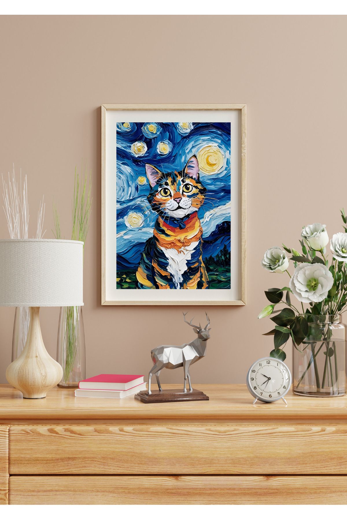 vinnie sanat Van Gogh Çerçeveli Kedi Tablosu