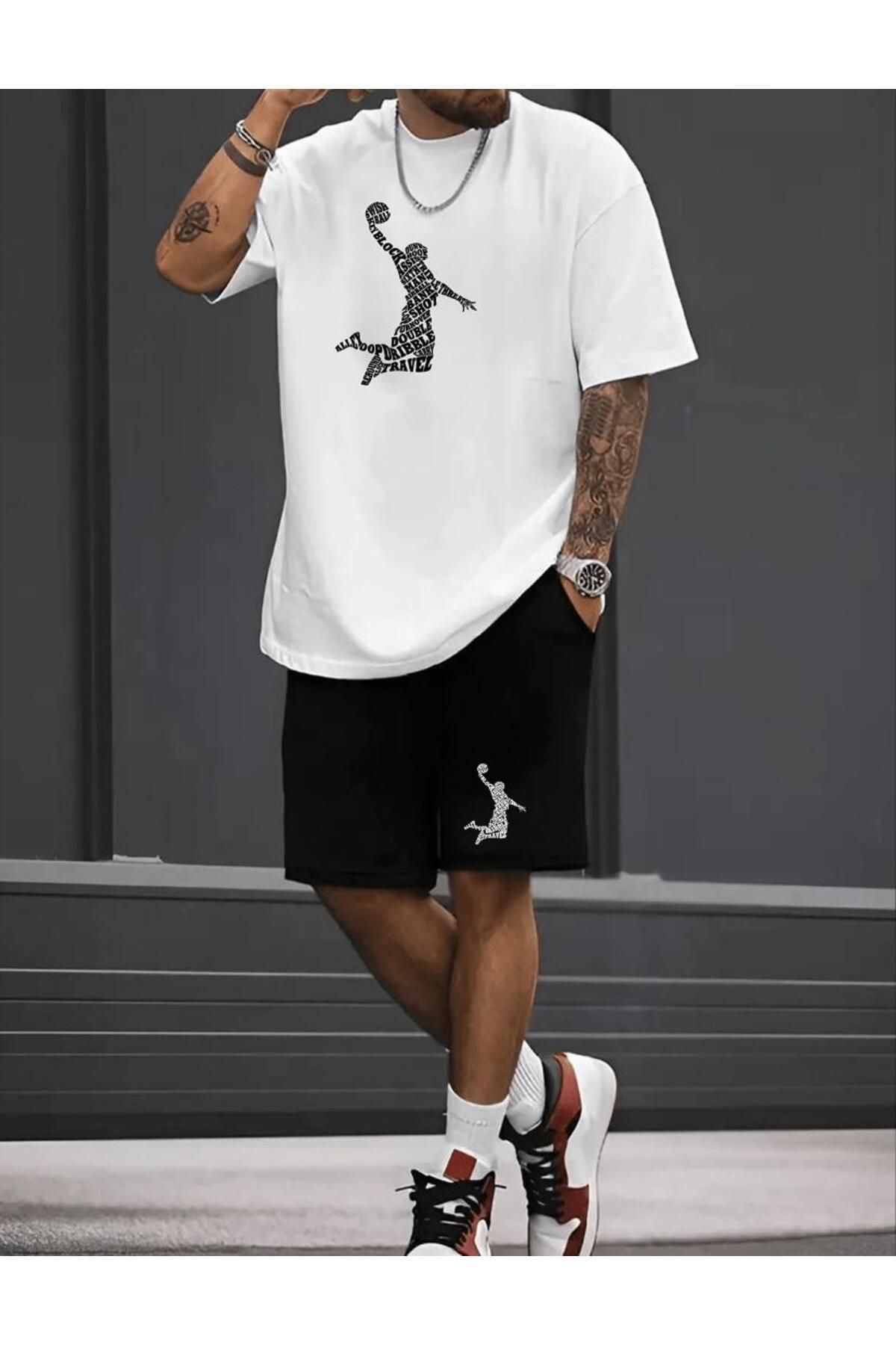 khufu Oversize Bisiklet Yaka Alt Üst T-shirt Şortlu Baskeytbolcu Baskılı ikili Takım Unisex